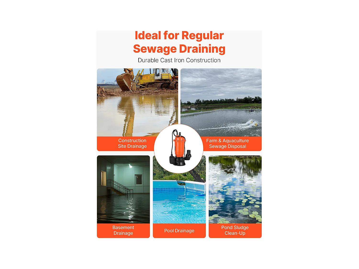 Dompelpomp voor Afvalwater SucceBuy 1500 W Dompelpomp Gietijzer 21000 L/u met Automatische Zwevenschakelaar, Opvoerhoogte 18 m, voor Zwembaden