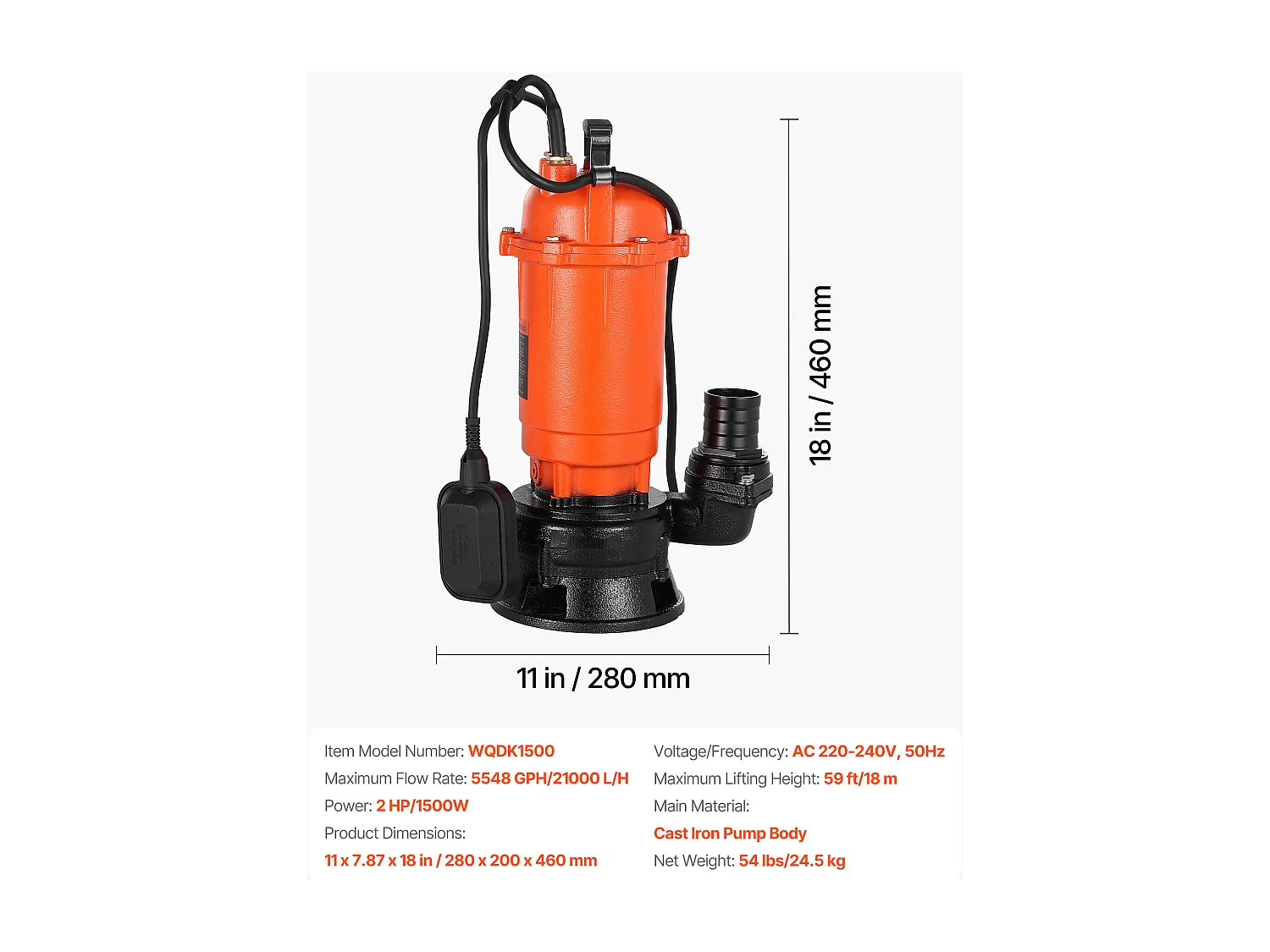 Pompa Zanurzeniowa Ścieki SucceBuy 1500 W Pompa Szambo Żeliwo 21000 L/h z Automatycznym Wyłącznikiem Pływakowym, Wysokość Podnoszenia 18 m, do Basenów