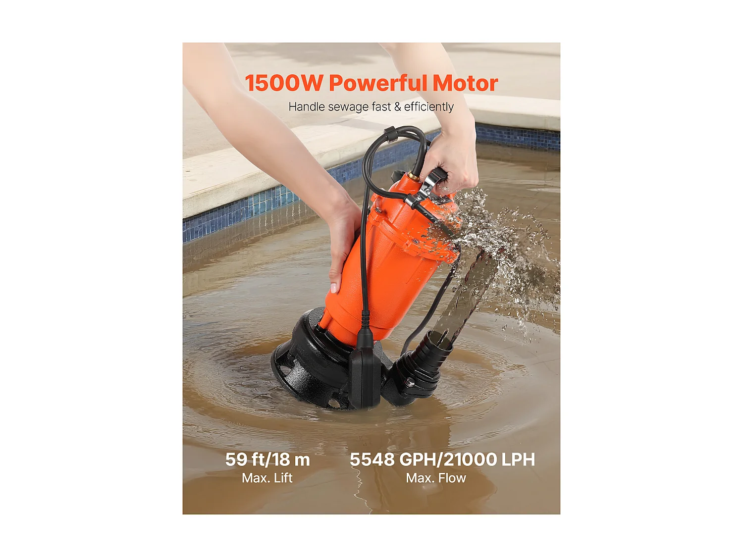 Pompa Zanurzeniowa Ścieki SucceBuy 1500 W Pompa Szambo Żeliwo 21000 L/h z Automatycznym Wyłącznikiem Pływakowym, Wysokość Podnoszenia 18 m, do Basenów