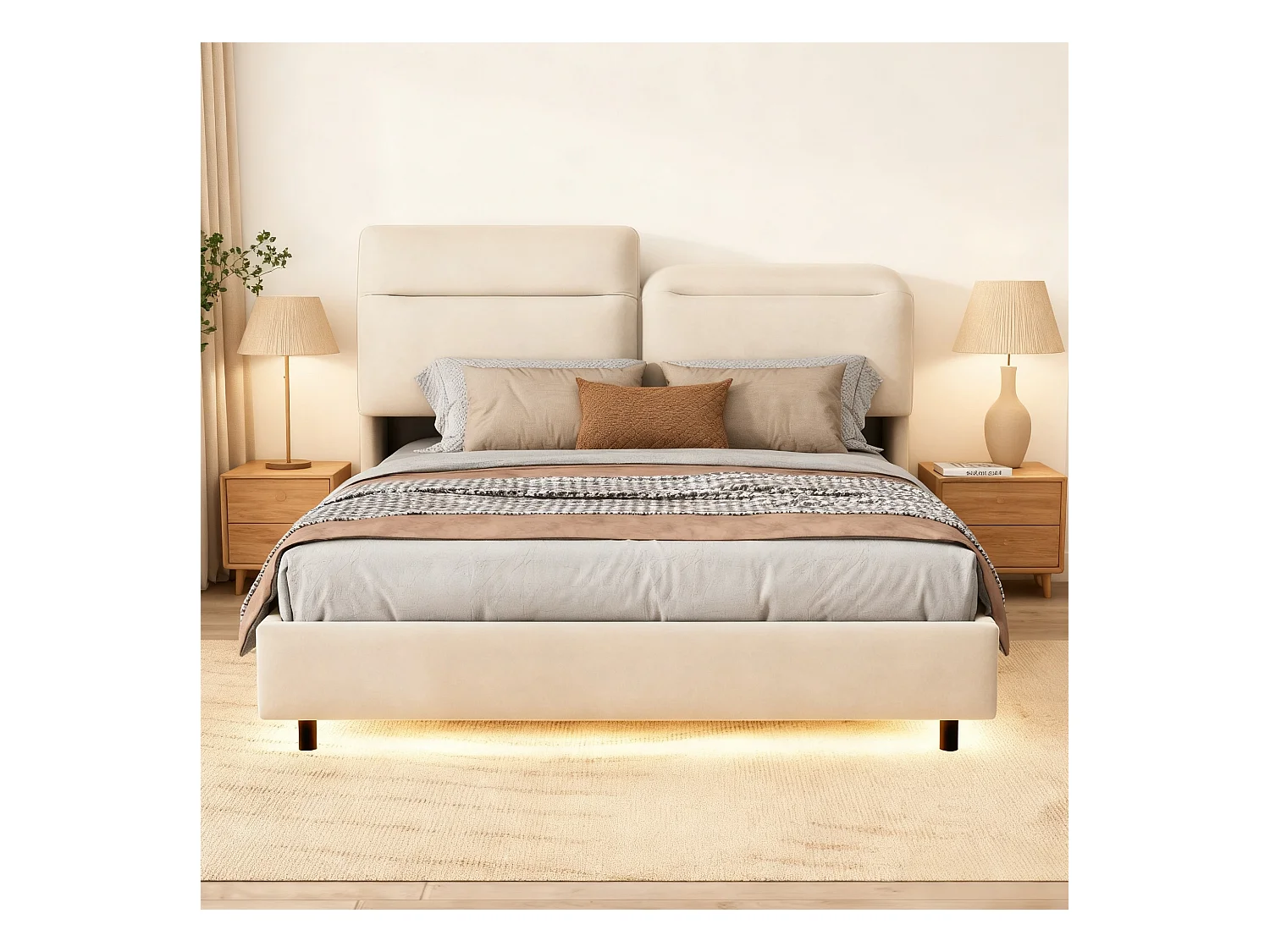 Lit adulte 160x200 cm à tête de lit pliante avec sommier à lattes - cadre de lit double 160x200 cm - Lit  coffre 160x200 cm soldes - tissu en velours - blanc cassé