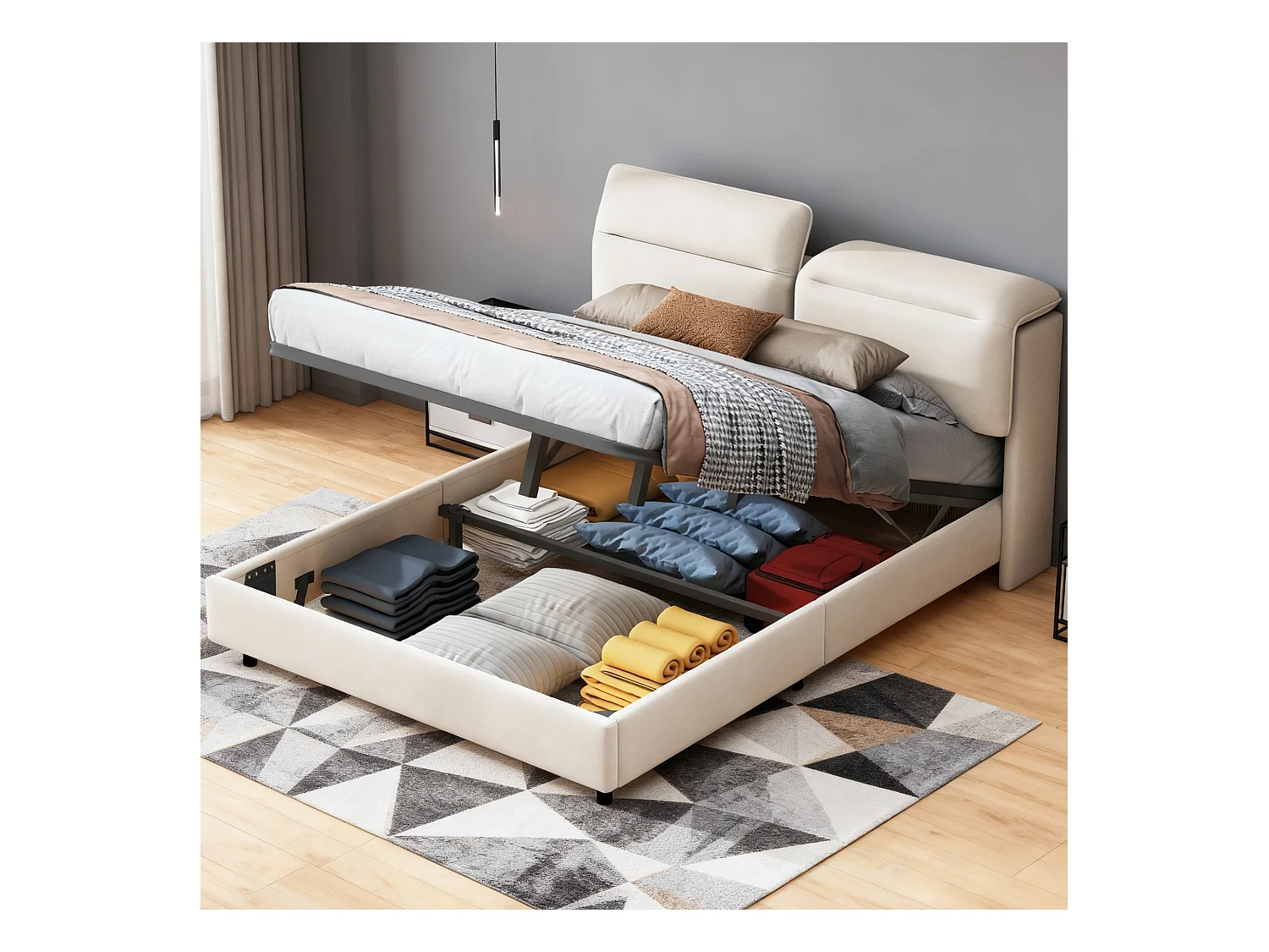 Lit adulte 160x200 cm à tête de lit pliante avec sommier à lattes - cadre de lit double 160x200 cm - Lit  coffre 160x200 cm soldes - tissu en velours - blanc cassé