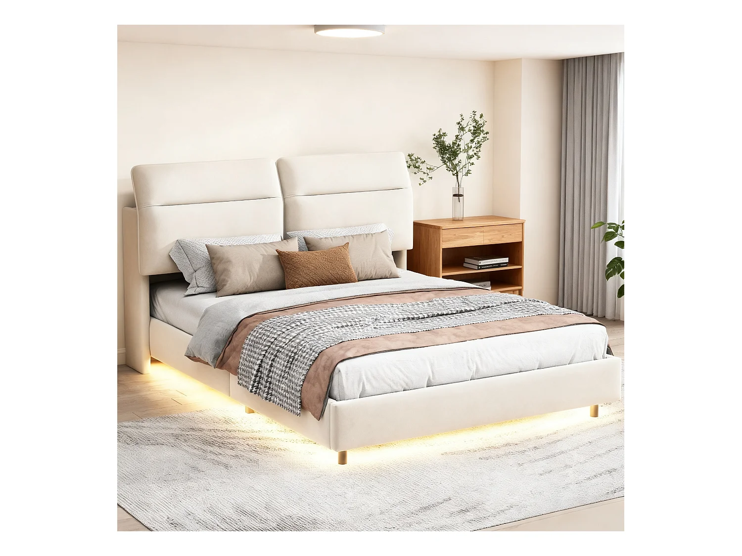 Lit adulte 160x200 cm à tête de lit pliante avec sommier à lattes - cadre de lit double 160x200 cm - Lit  coffre 160x200 cm soldes - tissu en velours - blanc cassé