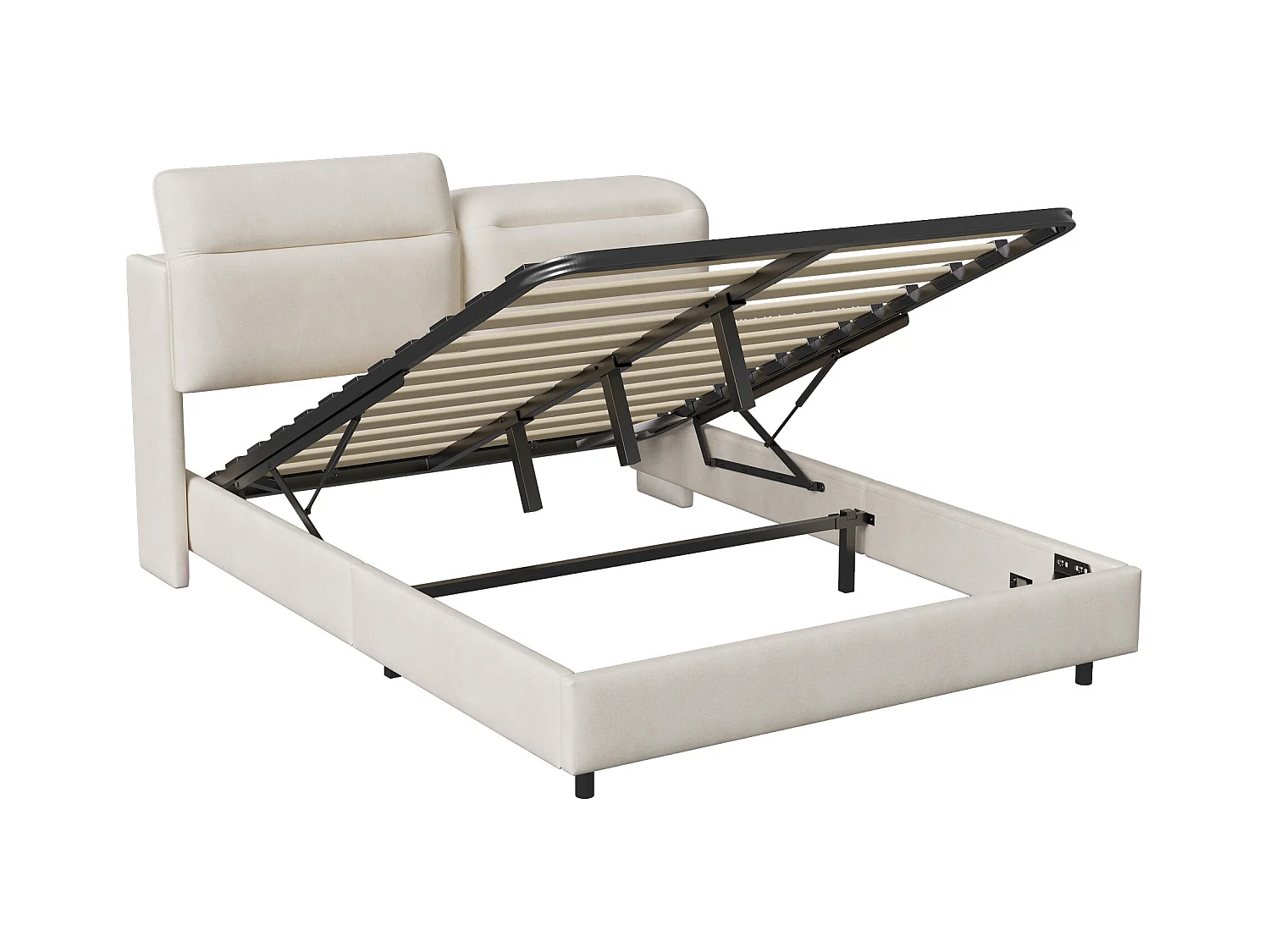 Lit adulte 160x200 cm à tête de lit pliante avec sommier à lattes - cadre de lit double 160x200 cm - Lit  coffre 160x200 cm soldes - tissu en velours - blanc cassé