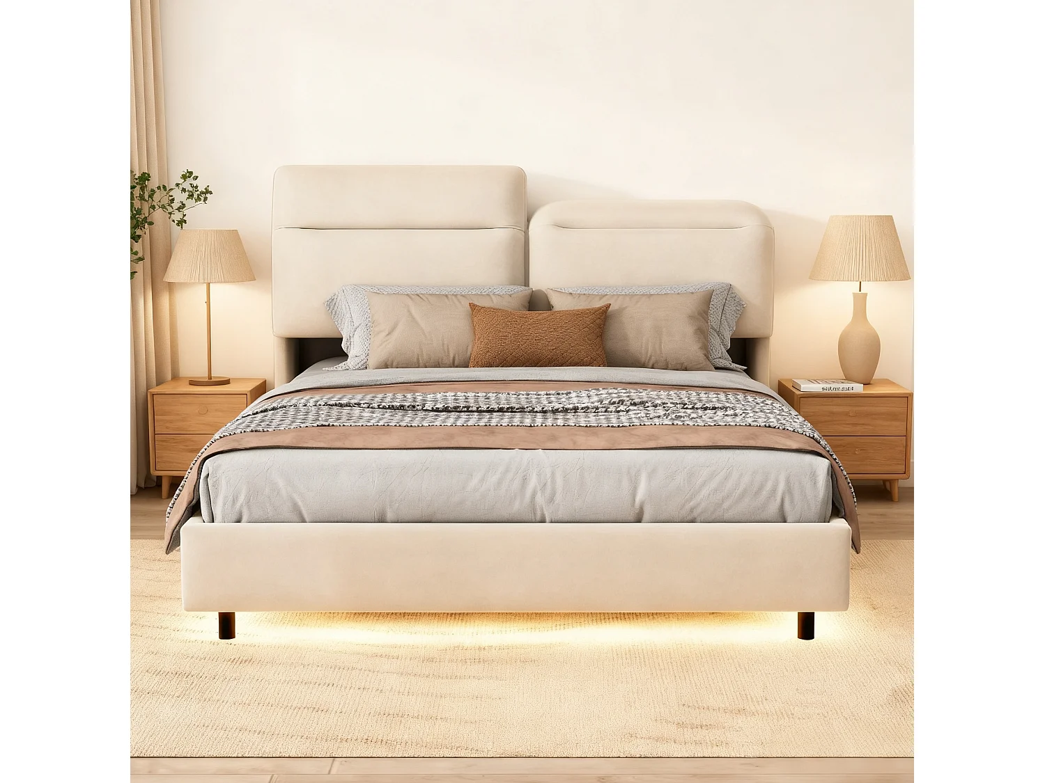 Lit adulte 160x200 cm à tête de lit pliante avec sommier à lattes - cadre de lit double 160x200 cm - Lit  coffre 160x200 cm soldes - tissu en velours - blanc cassé