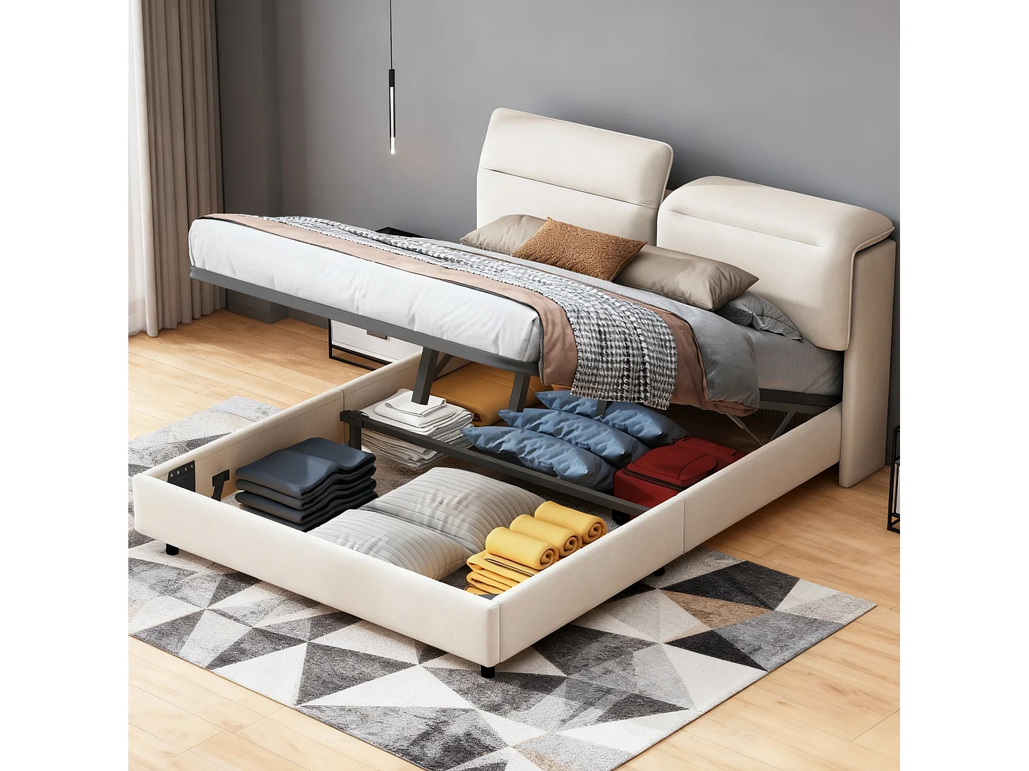 Lit adulte 160x200 cm à tête de lit pliante avec sommier à lattes - cadre de lit double 160x200 cm - Lit  coffre 160x200 cm soldes - tissu en velours - blanc cassé