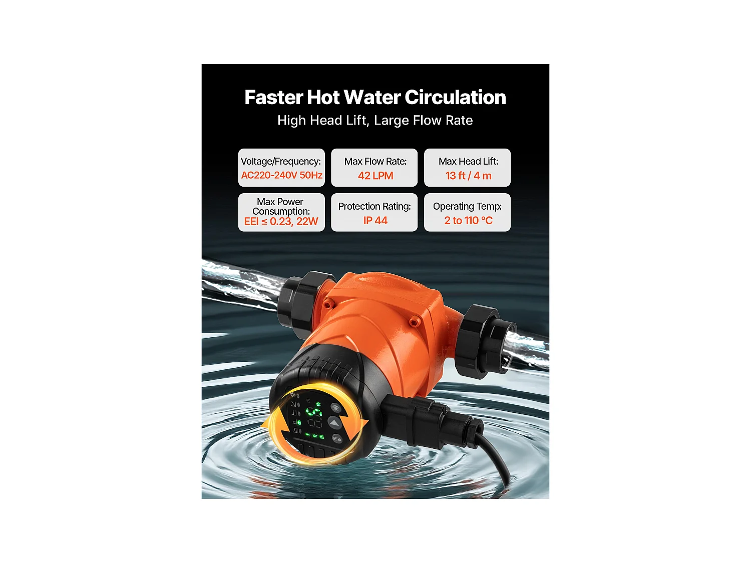 Pompa Cyrkulacyjna SucceBuy do Ciepłej Wody, Maksymalna Wysokość Podnoszenia 4 m, Wysokowydajna Pompa Grzewcza, 42 L/min, Zawór Zwrotny