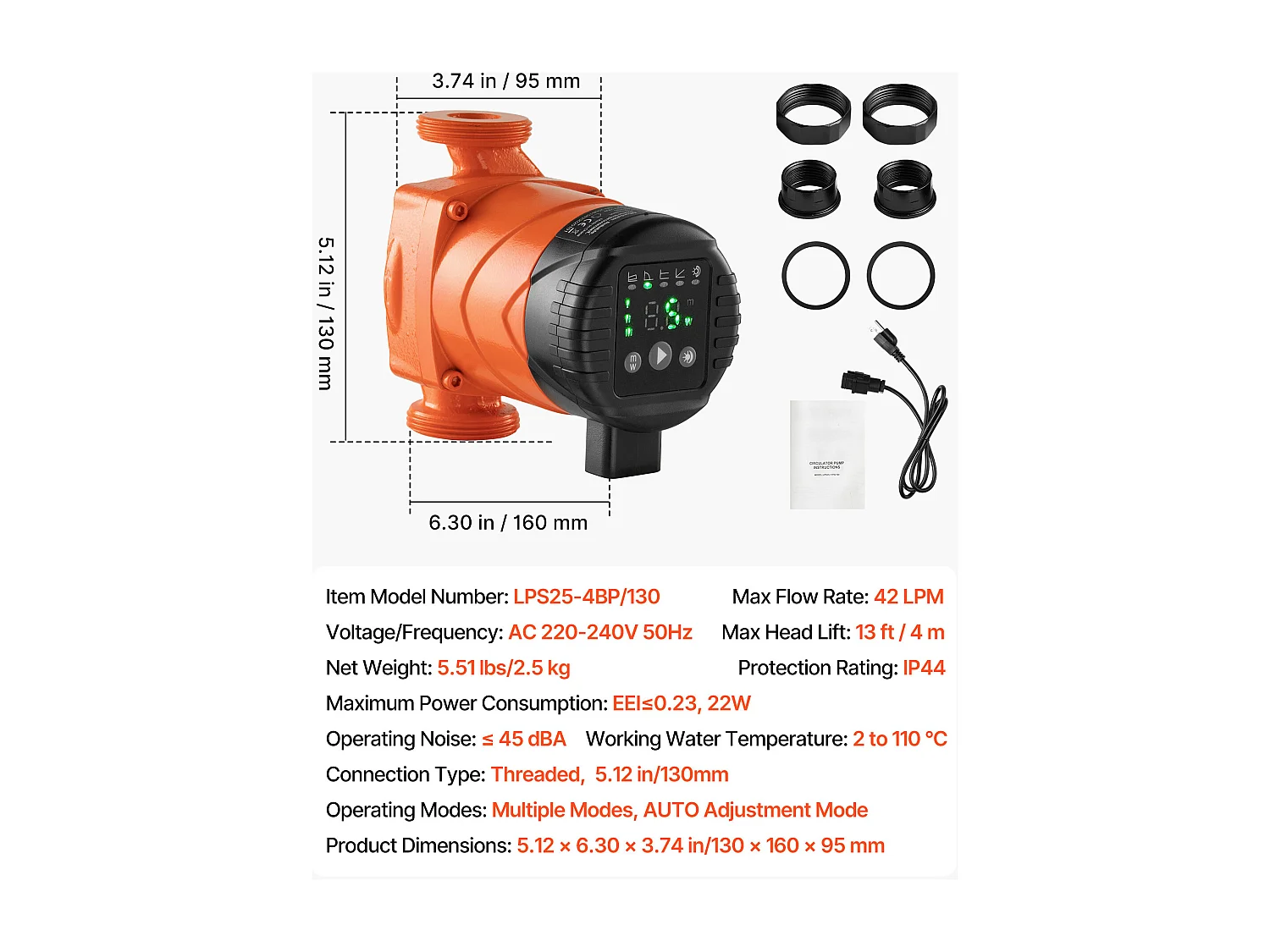 Circulatiepomp SucceBuy voor Warm Water, Maximale Opvoerhoogte 4 m, Hoogrendement Verwarmingspomp, 42 L/min, Terugslagklep, Energiezuinig