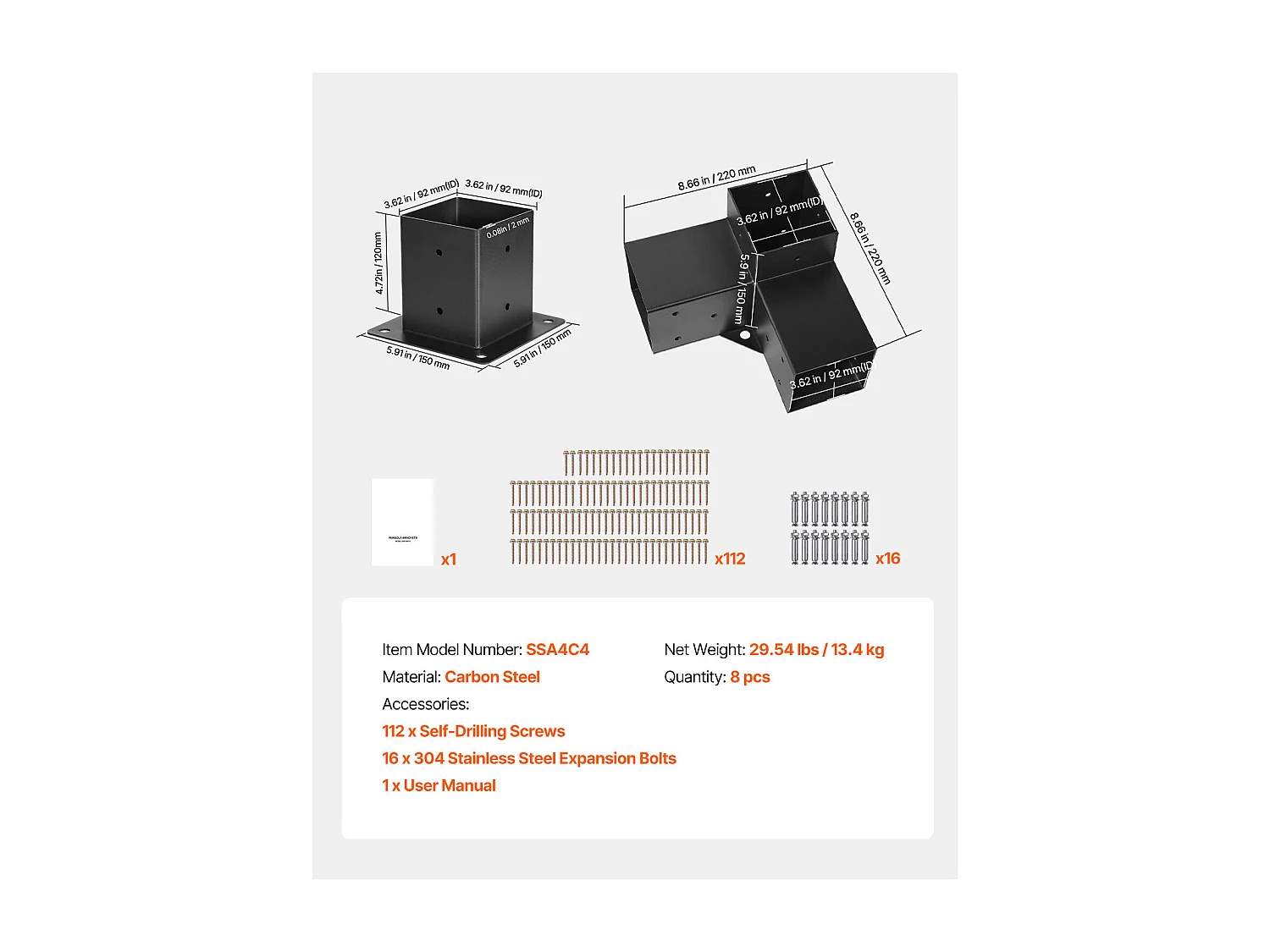 Pergola Steunset SucceBuy, Set van 8, Houten Paalsteun 9.2x9.2 cm, 4 3-Weg Hoeksteunen, 4 Paalvoeten, Koolstofstaal