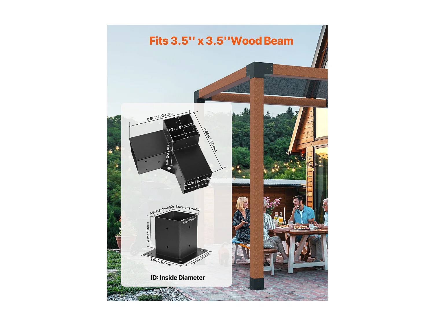 Pergola Steunset SucceBuy, Set van 8, Houten Paalsteun 9.2x9.2 cm, 4 3-Weg Hoeksteunen, 4 Paalvoeten, Koolstofstaal