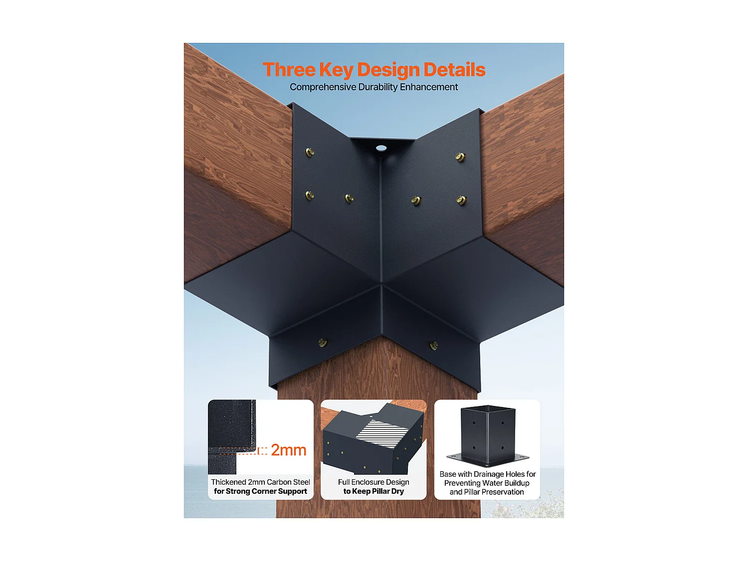 Pergola Steunset SucceBuy, Set van 8, Houten Paalsteun 9.2x9.2 cm, 4 3-Weg Hoeksteunen, 4 Paalvoeten, Koolstofstaal