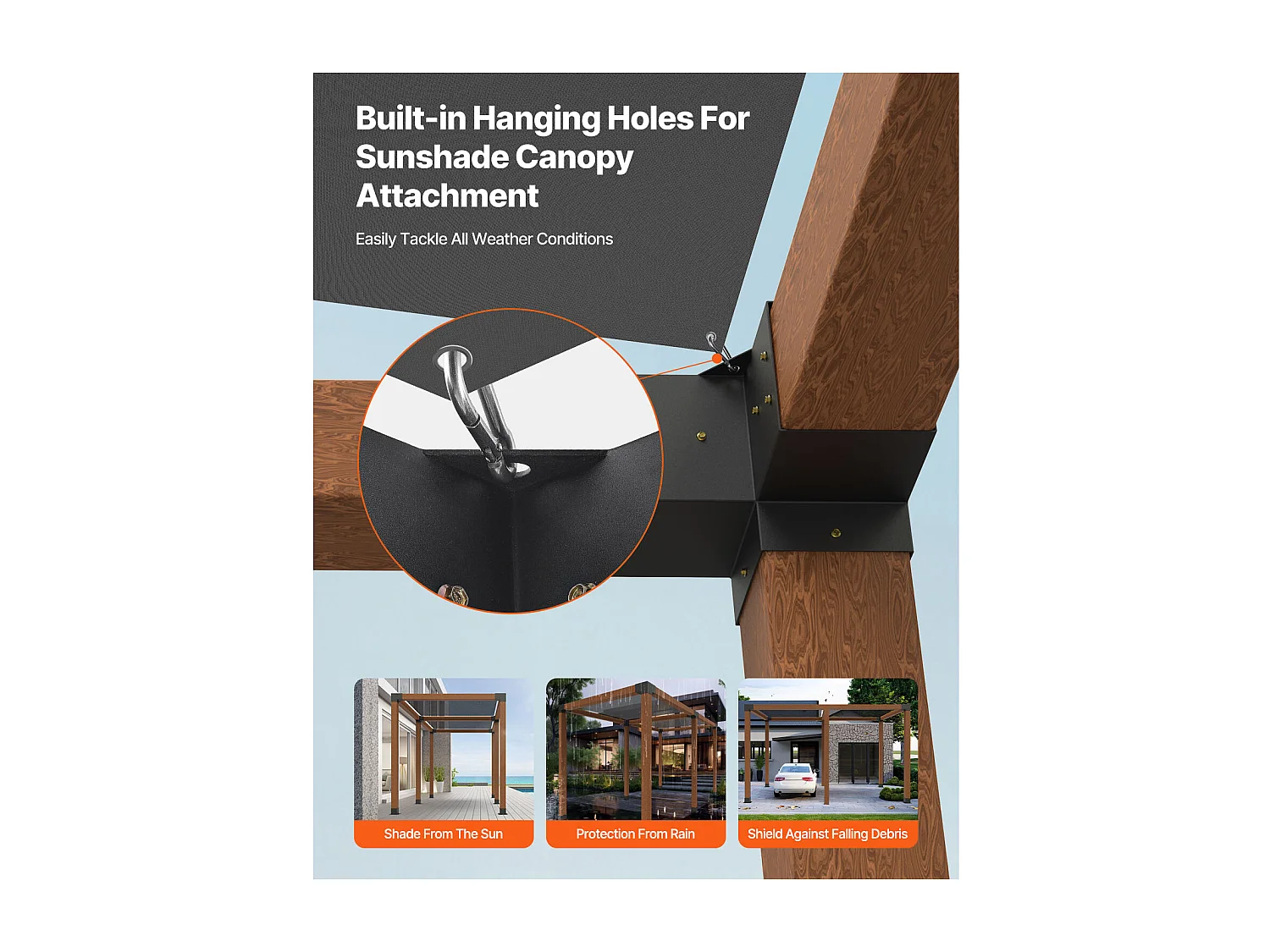 Pergola Steunset SucceBuy, Set van 8, Houten Paalsteun 9.2x9.2 cm, 4 3-Weg Hoeksteunen, 4 Paalvoeten, Koolstofstaal