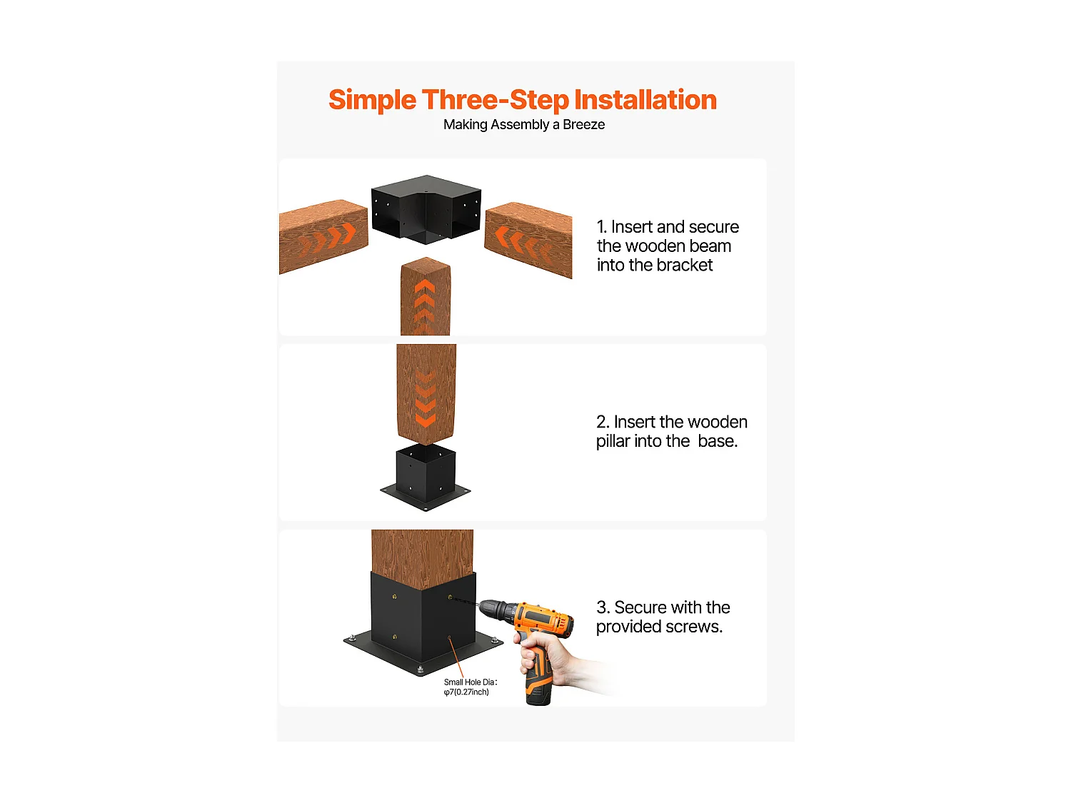 Pergola Steunset SucceBuy, Set van 8, Houten Paalsteun 9.2x9.2 cm, 4 3-Weg Hoeksteunen, 4 Paalvoeten, Koolstofstaal