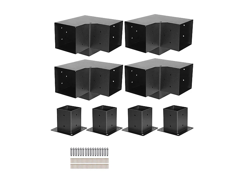 Pergola Steunset SucceBuy, Set van 8, Houten Paalsteun 9.2x9.2 cm, 4 3-Weg Hoeksteunen, 4 Paalvoeten, Koolstofstaal