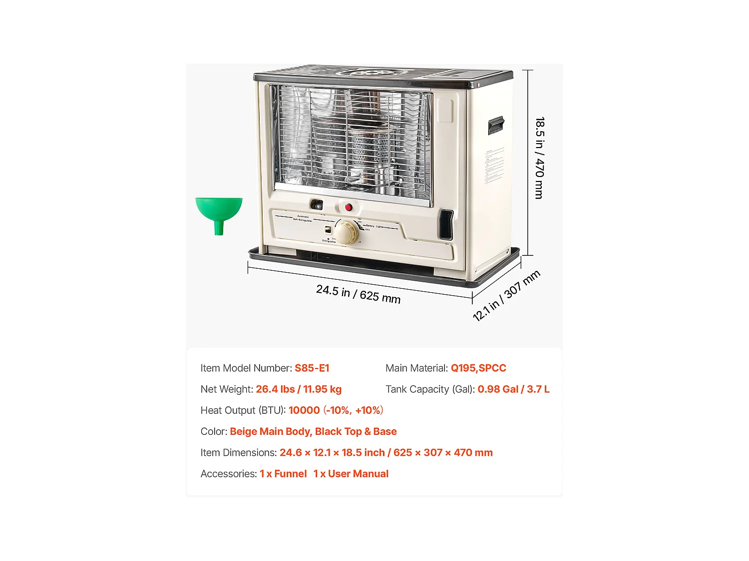 Zusatzheizung SucceBuy mit Kerosin 10000 BTU Tragbarer Ölofen mit Automatischem Abschalt, Einstellbarer Flamme, Anti-Kipp-Funktion, Heizung