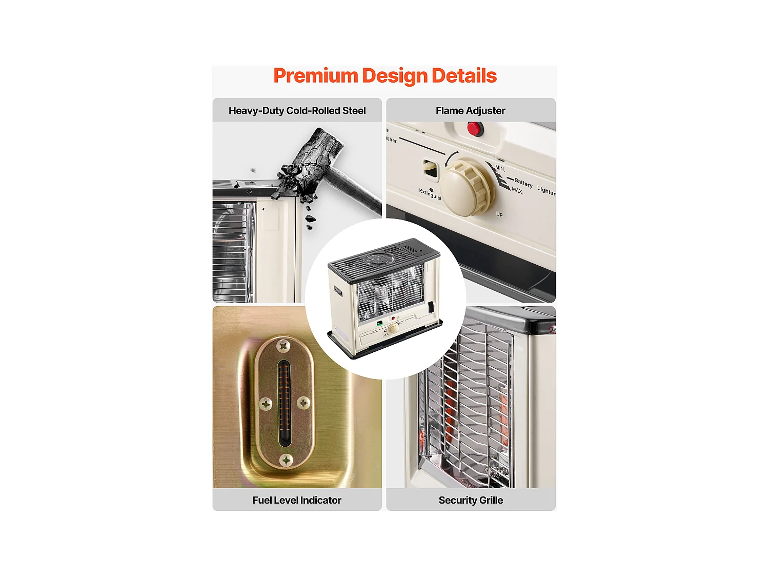 Zusatzheizung SucceBuy mit Kerosin 10000 BTU Tragbarer Ölofen mit Automatischem Abschalt, Einstellbarer Flamme, Anti-Kipp-Funktion, Heizung