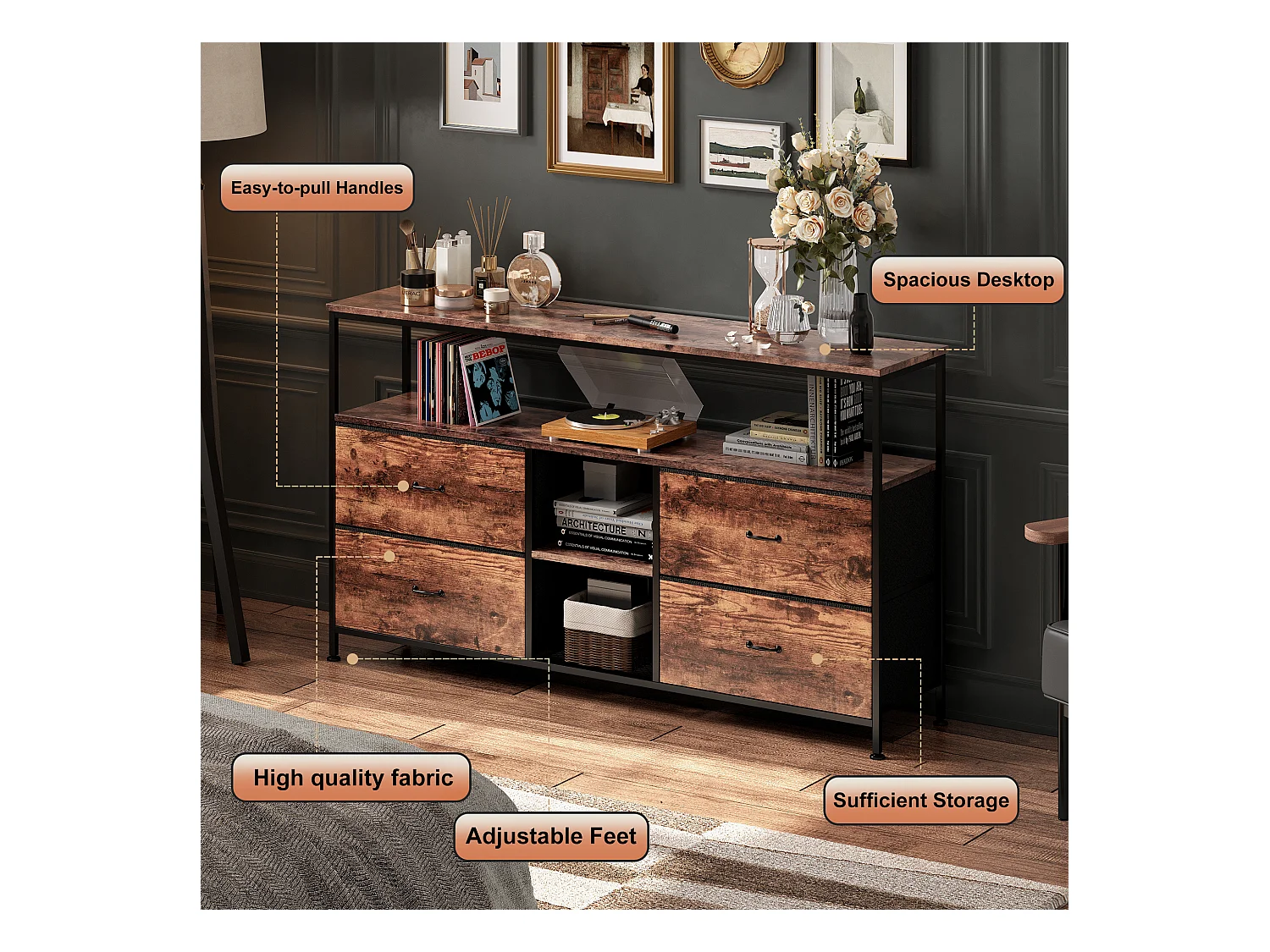 Meuble TV LED avec 4 Tiroirs, Petit Meuble Tele avec Rangement, Banc TV, Support Télé, Commode en Tissu pour Le Salon Chambre à Coucher Entrée, Marron Rustique