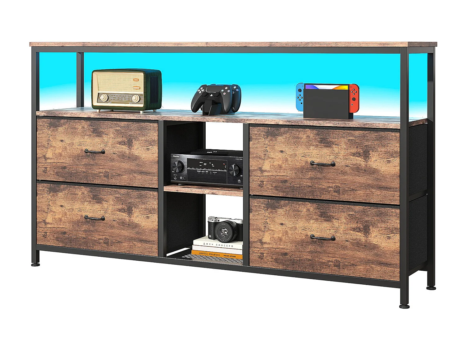 Meuble TV LED avec 4 Tiroirs, Petit Meuble Tele avec Rangement, Banc TV, Support Télé, Commode en Tissu pour Le Salon Chambre à Coucher Entrée, Marron Rustique