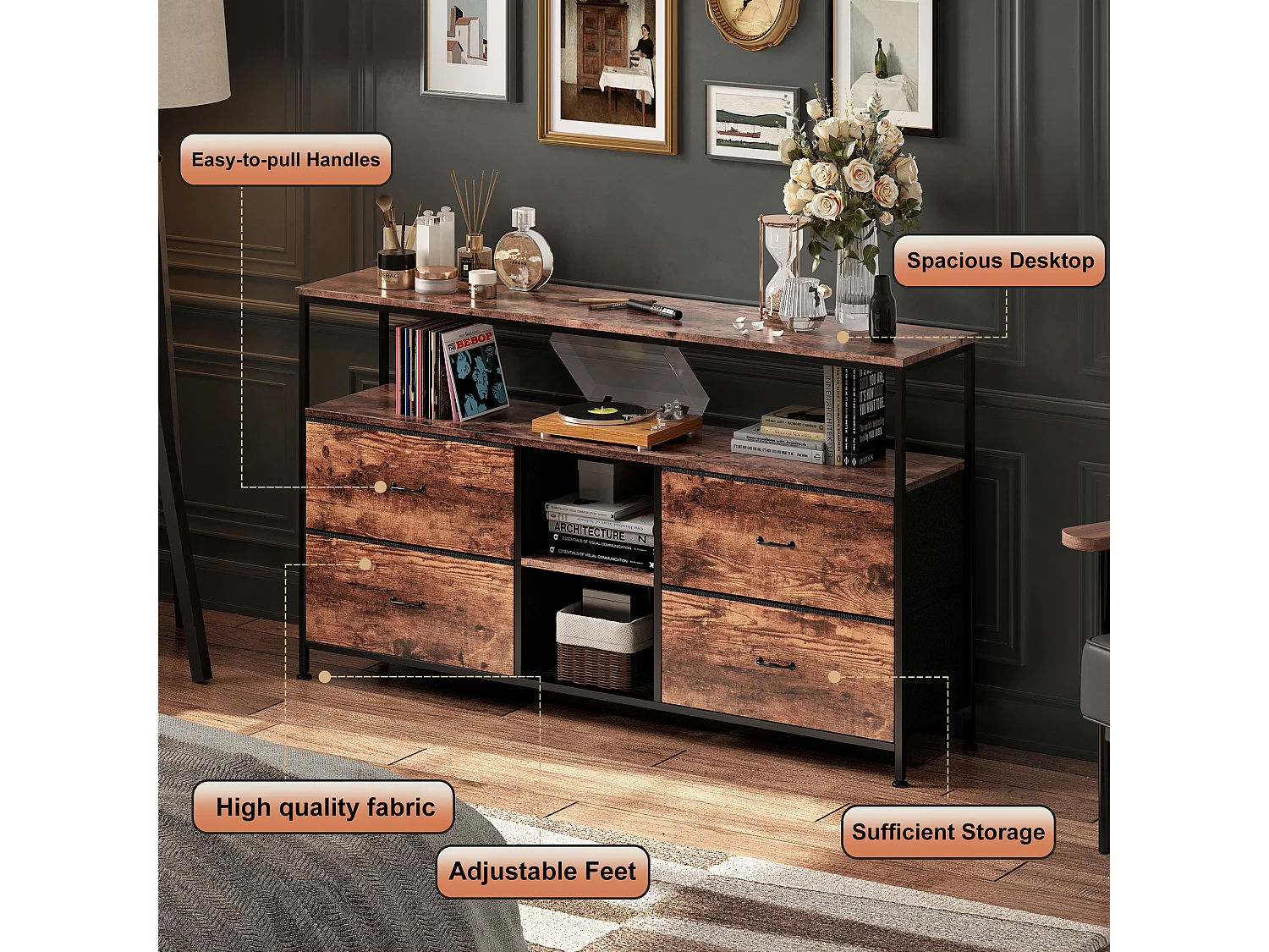 Meuble TV LED avec 4 Tiroirs - Petit Meuble Tele avec Rangement - Marron Rustique - Commode en Tissu pour Le Salon Chambre à Coucher Entrée