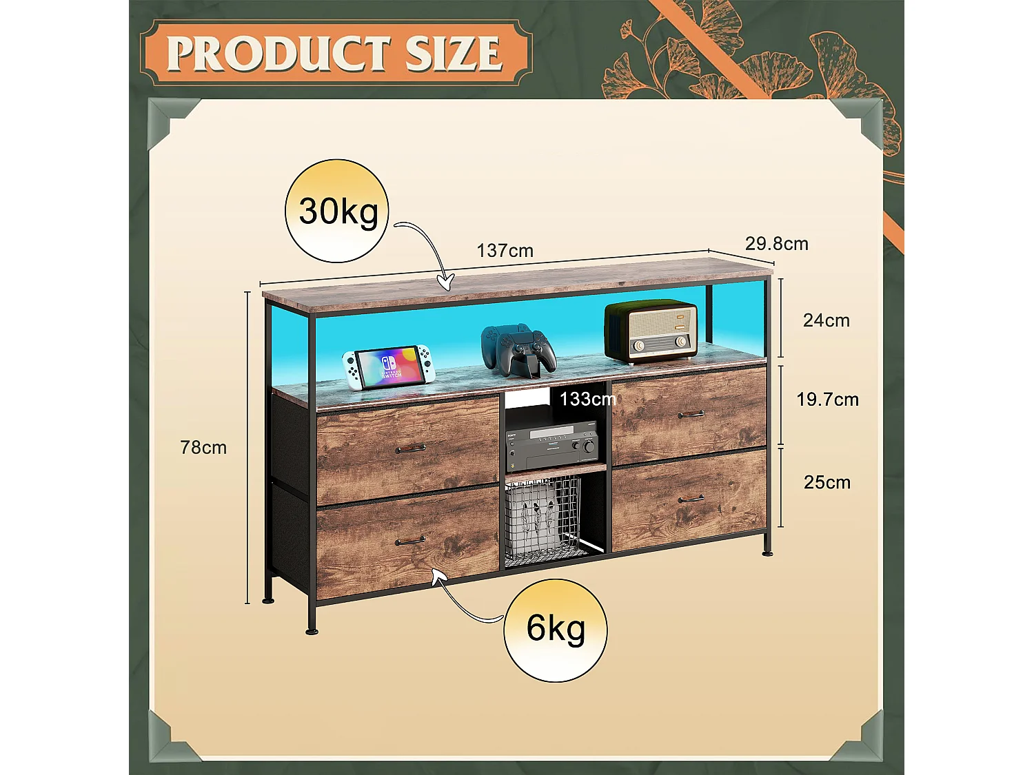 Meuble TV LED avec 4 Tiroirs - Petit Meuble Tele avec Rangement - Marron Rustique - Commode en Tissu pour Le Salon Chambre à Coucher Entrée