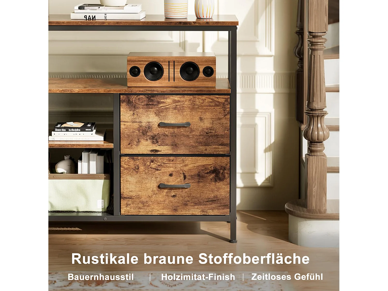 Meuble TV LED avec 4 Tiroirs - Petit Meuble Tele avec Rangement - Marron Rustique - Commode en Tissu pour Le Salon Chambre à Coucher Entrée