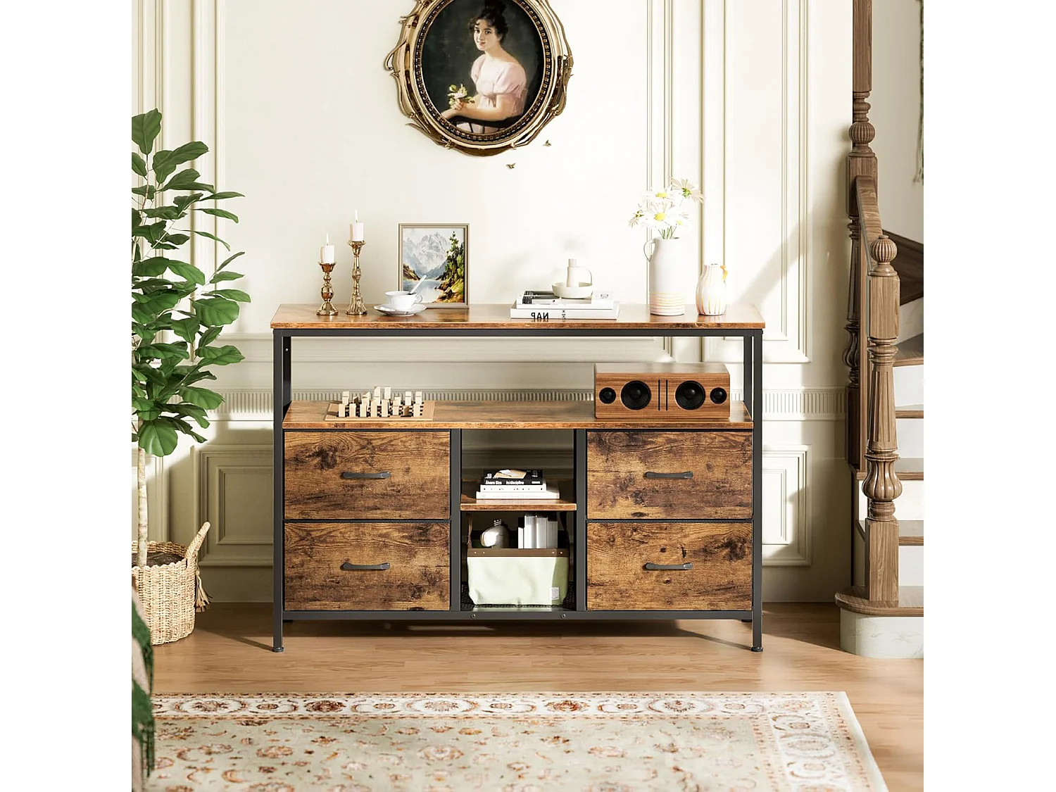 Meuble TV LED avec 4 Tiroirs - Petit Meuble Tele avec Rangement - Marron Rustique - Commode en Tissu pour Le Salon Chambre à Coucher Entrée