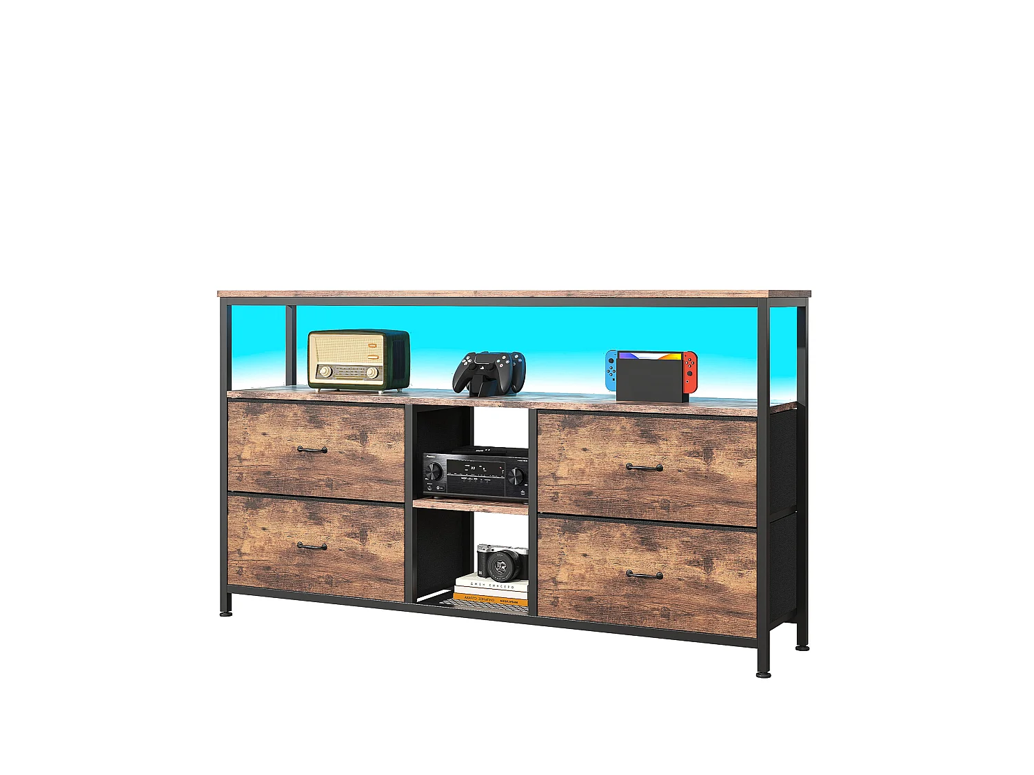 Meuble TV LED avec 4 Tiroirs - Petit Meuble Tele avec Rangement - Marron Rustique - Commode en Tissu pour Le Salon Chambre à Coucher Entrée