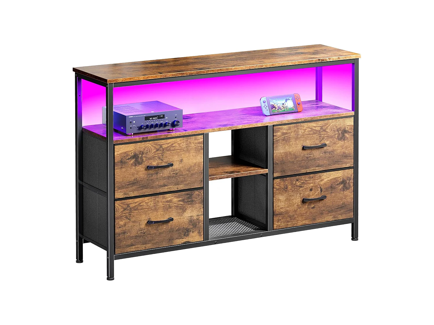 Meuble TV LED avec 4 Tiroirs - Petit Meuble Tele avec Rangement - Marron Rustique - Commode en Tissu pour Le Salon Chambre à Coucher Entrée