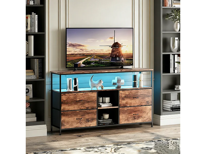 Meuble TV LED avec 4 Tiroirs - Petit Meuble Tele avec Rangement - Marron Rustique - Commode en Tissu pour Le Salon Chambre à Coucher Entrée