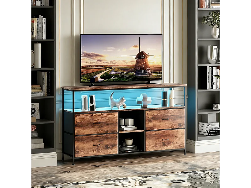 Meuble TV LED avec 4 Tiroirs - Petit Meuble Tele avec Rangement - Marron Rustique - Commode en Tissu pour Le Salon Chambre à Coucher Entrée