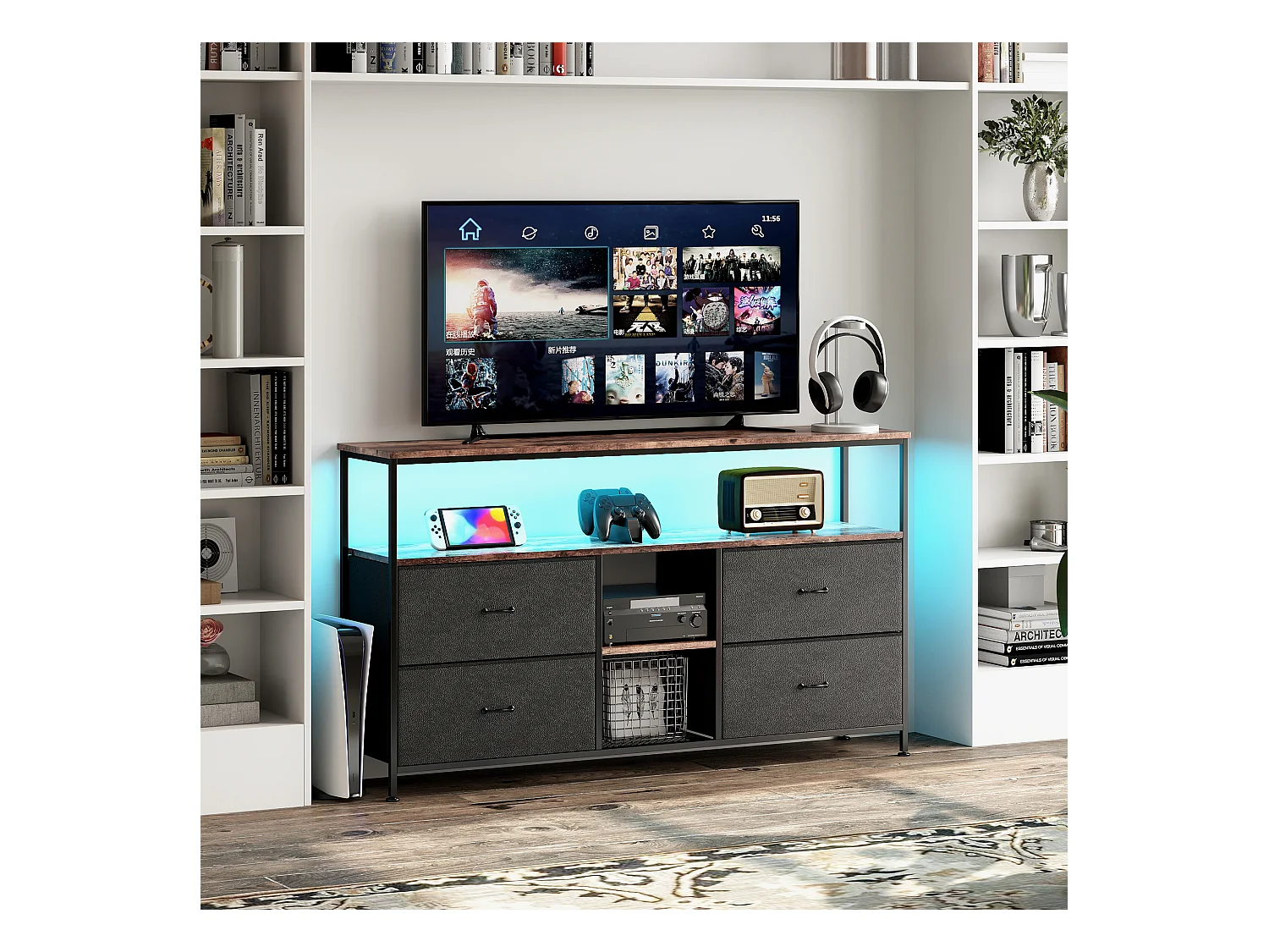 Meuble TV LED avec 4 Tiroirs, Petit Meuble Tele avec Rangement, Banc TV, Support Télé, Commode en Tissu pour Le Salon Chambre à Coucher Entrée Rustique, Noir