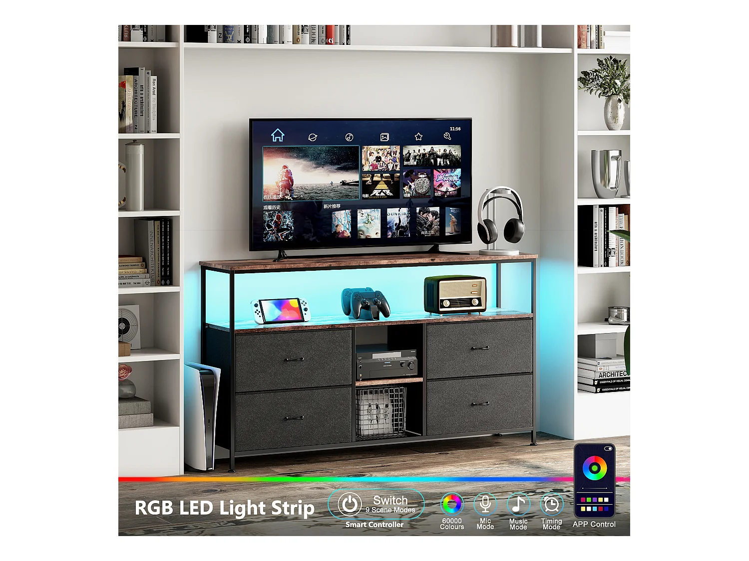 Meuble TV LED avec 4 Tiroirs, Petit Meuble Tele avec Rangement, Banc TV, Support Télé, Commode en Tissu pour Le Salon Chambre à Coucher Entrée Rustique, Noir