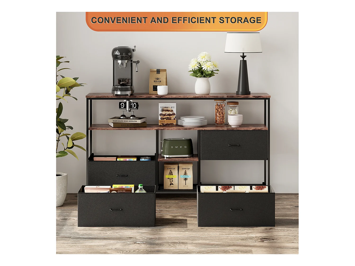 Meuble TV LED avec 4 Tiroirs, Petit Meuble Tele avec Rangement, Banc TV, Support Télé, Commode en Tissu pour Le Salon Chambre à Coucher Entrée Rustique, Noir