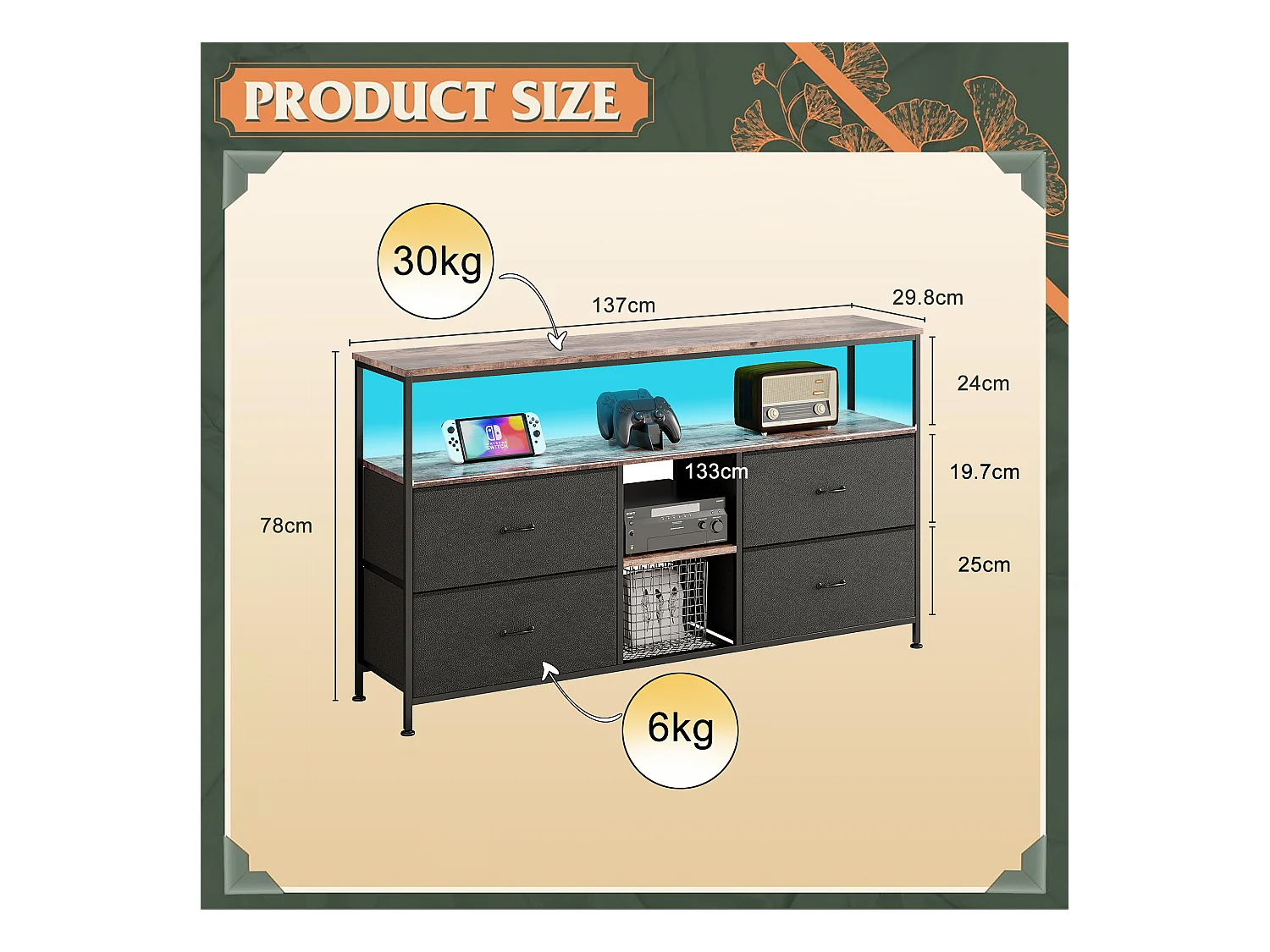 Meuble TV LED avec 4 Tiroirs, Petit Meuble Tele avec Rangement, Banc TV, Support Télé, Commode en Tissu pour Le Salon Chambre à Coucher Entrée Rustique, Noir