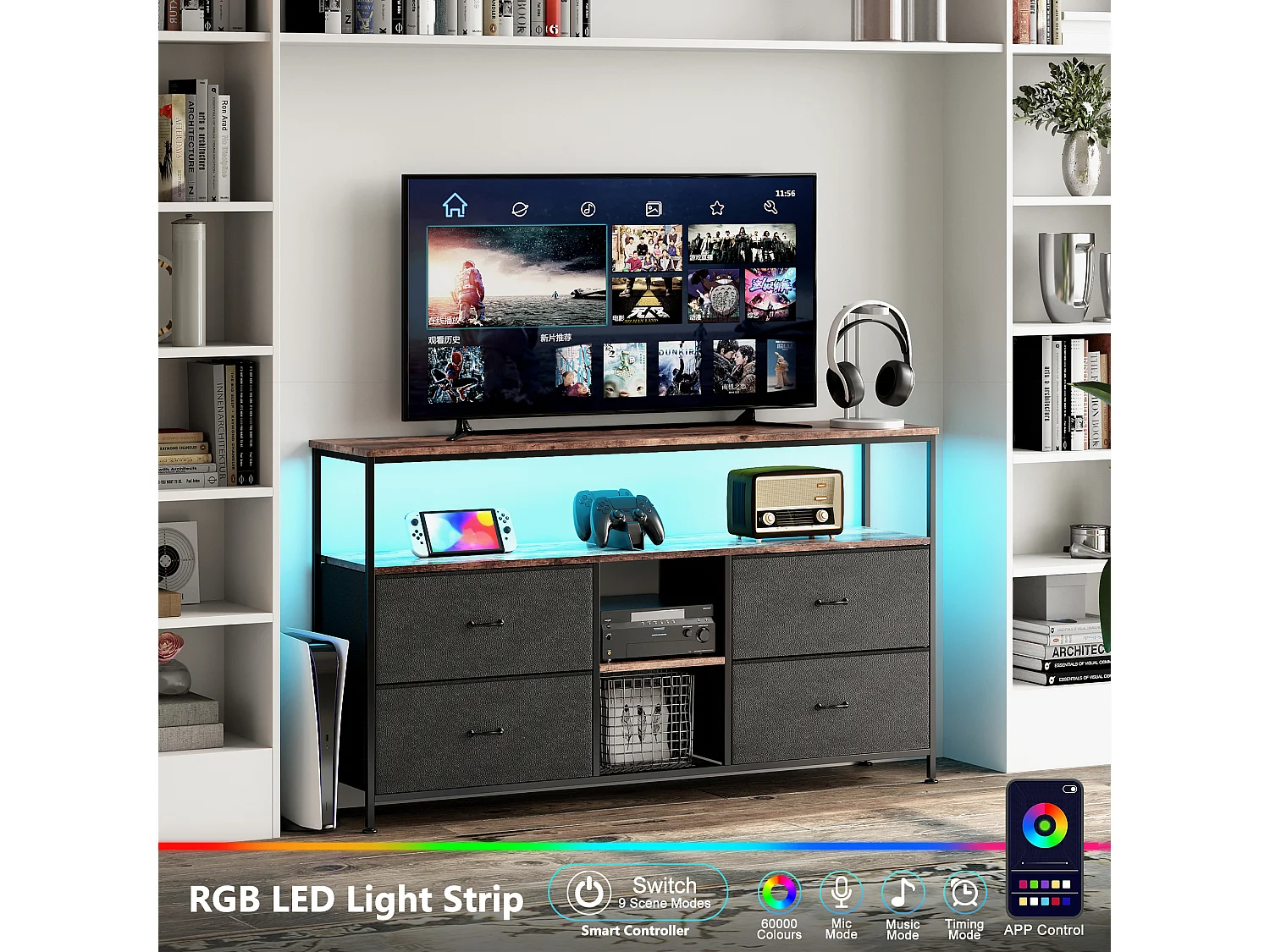 Meuble TV LED avec 4 Tiroirs, Petit Meuble Tele avec Rangement, Banc TV, Support Télé, Commode en Tissu pour Le Salon Chambre à Coucher Entrée Rustique, Noir