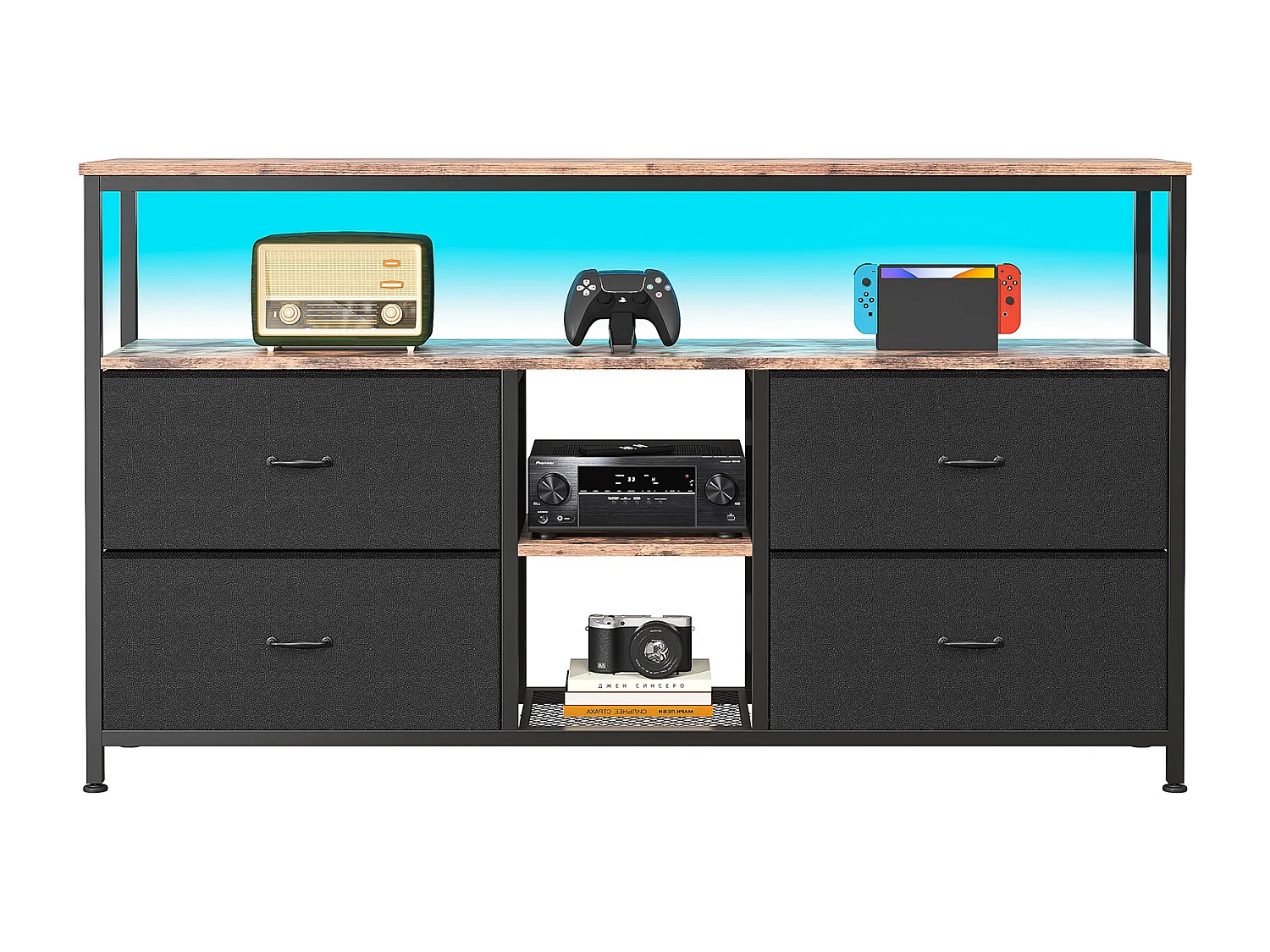 Meuble TV LED avec 4 Tiroirs, Petit Meuble Tele avec Rangement, Banc TV, Support Télé, Commode en Tissu pour Le Salon Chambre à Coucher Entrée Rustique, Noir