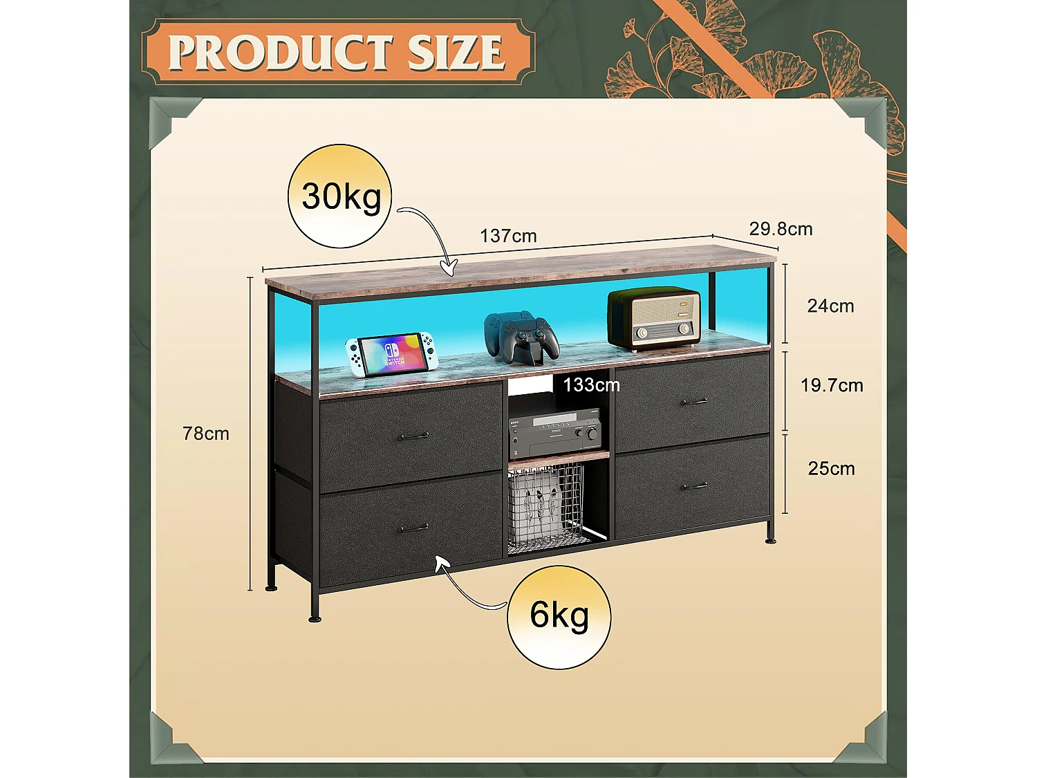 Meuble TV LED avec 4 Tiroirs, Petit Meuble Tele avec Rangement, Banc TV, Support Télé, Commode en Tissu pour Le Salon Chambre à Coucher Entrée Rustique, Noir