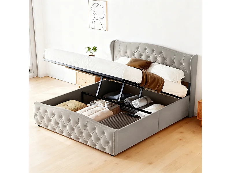 Lit coffre 140x200 cm avec sommier à lattes - lit adulte 140x200 cm - cadre de lit 140x200 cm - Lit double 140x200 cm soldes - tissu en velours - gris