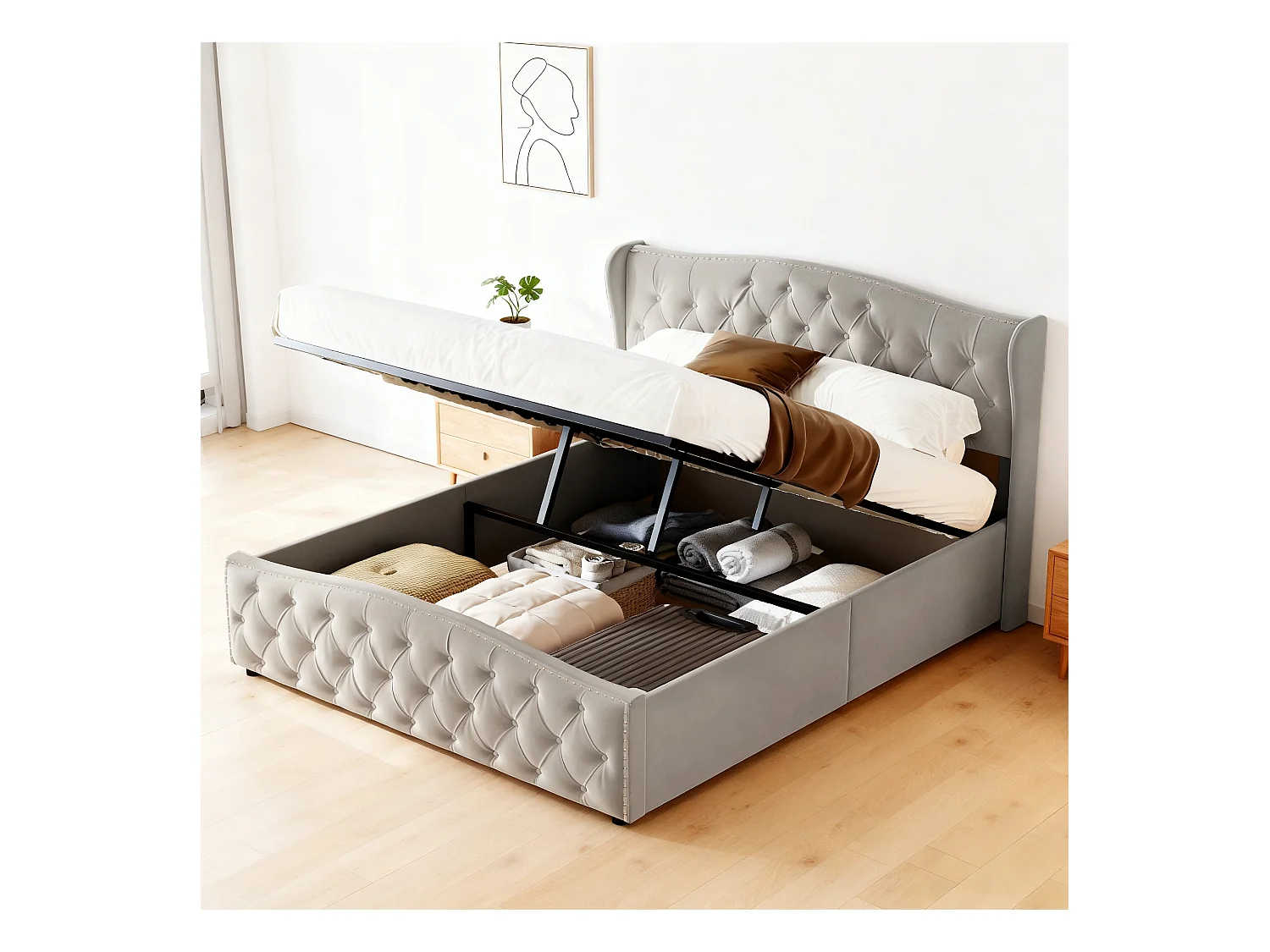 Lit coffre 140x200 cm avec sommier à lattes - lit adulte 140x200 cm - cadre de lit 140x200 cm - Lit double 140x200 cm soldes - tissu en velours - gris