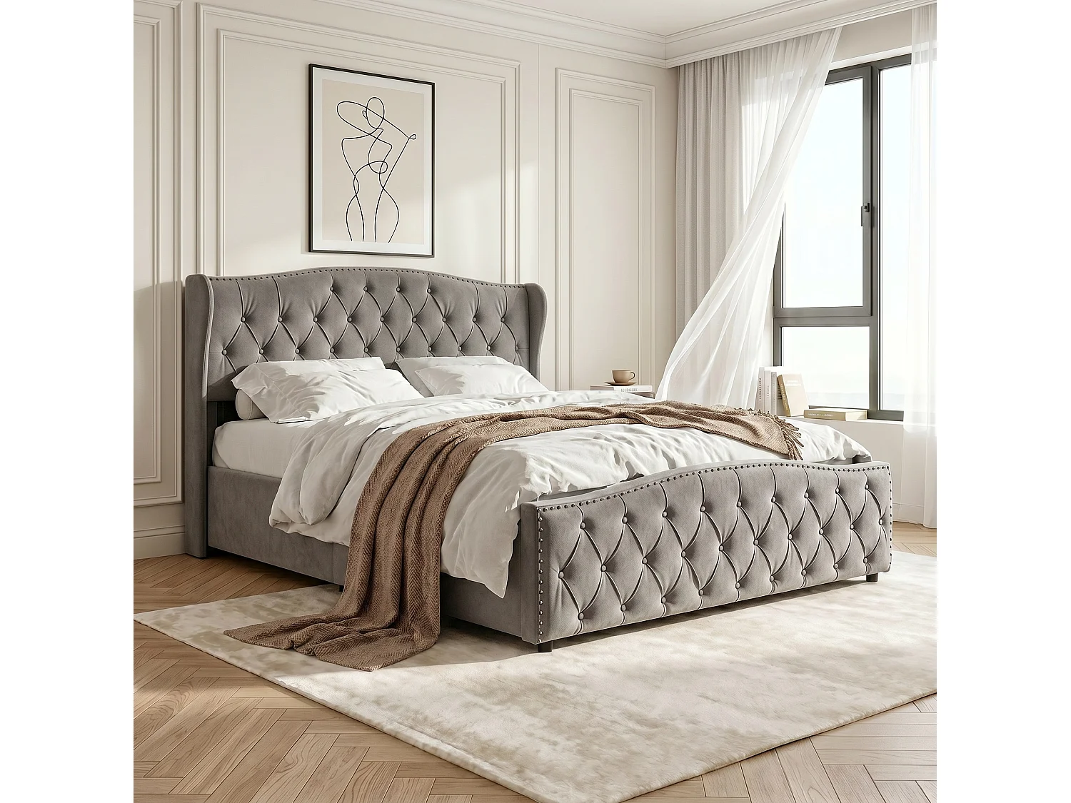 Lit coffre 140 x 200 cm - Lit double adulte avec sommier à lattes - rangement sous le lit - tissu velours gris