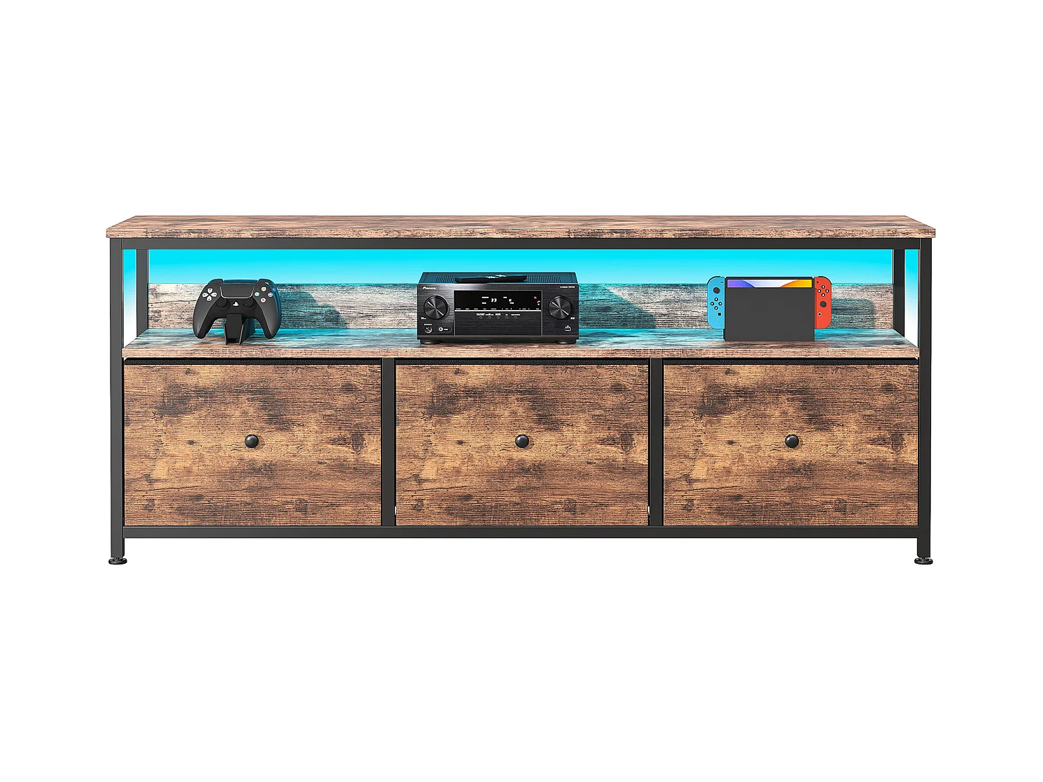 Meuble TV LED avec 3 Tiroirs, Petit Meuble Tele avec Rangement, Banc TV, Support Télé, Commode en Tissu pour Le Salon Chambre à Coucher Entrée, Marron Rustique