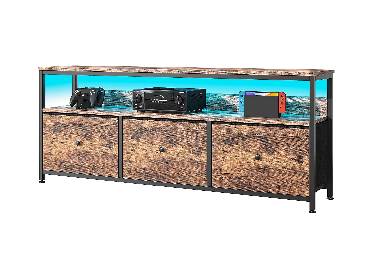 Meuble TV LED avec 3 Tiroirs, Petit Meuble Tele avec Rangement, Banc TV, Support Télé, Commode en Tissu pour Le Salon Chambre à Coucher Entrée, Marron Rustique