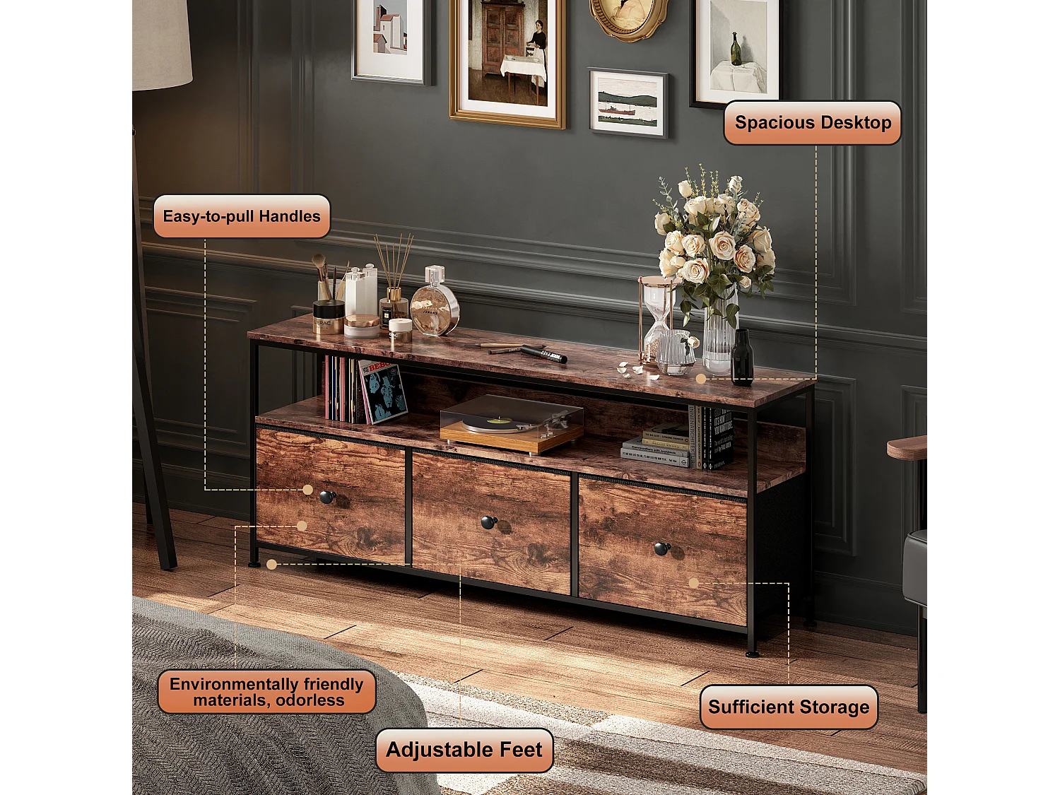 Meuble TV - LED avec 3 Tiroirs - Petit Meuble Tele avec Rangement - Commode en Tissu - pour Le Salon Chambre à Coucher Entrée - Marron Rustique