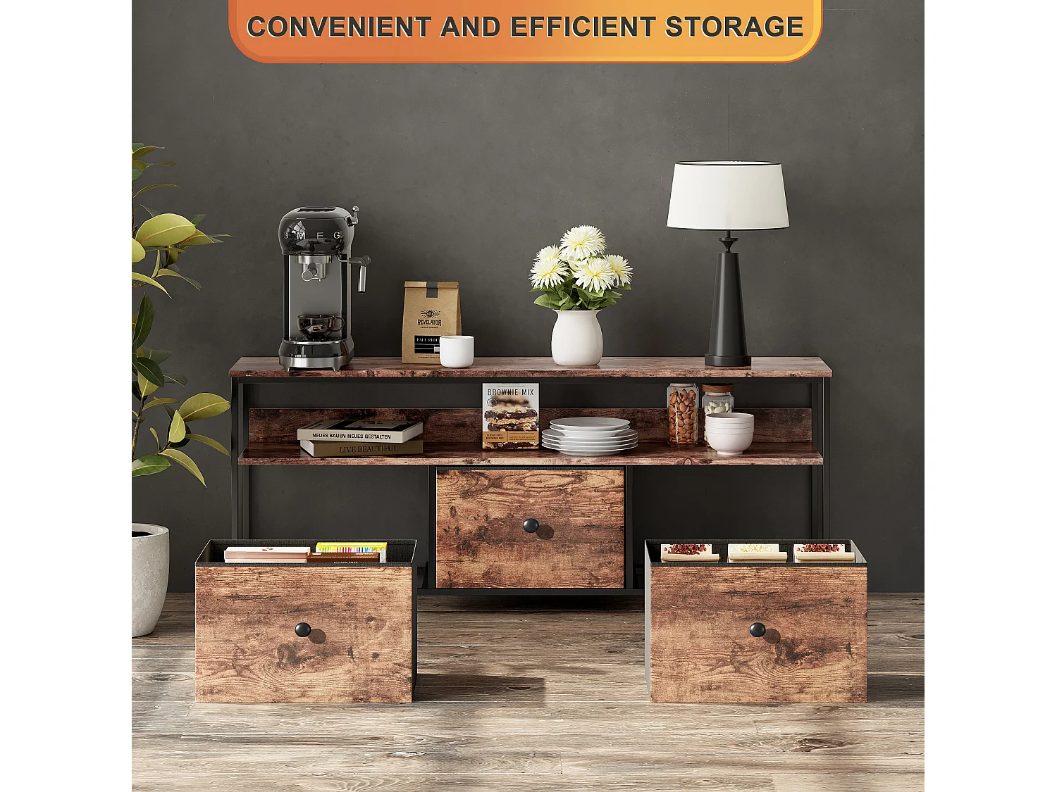 Meuble TV - LED avec 3 Tiroirs - Petit Meuble Tele avec Rangement - Commode en Tissu - pour Le Salon Chambre à Coucher Entrée - Marron Rustique