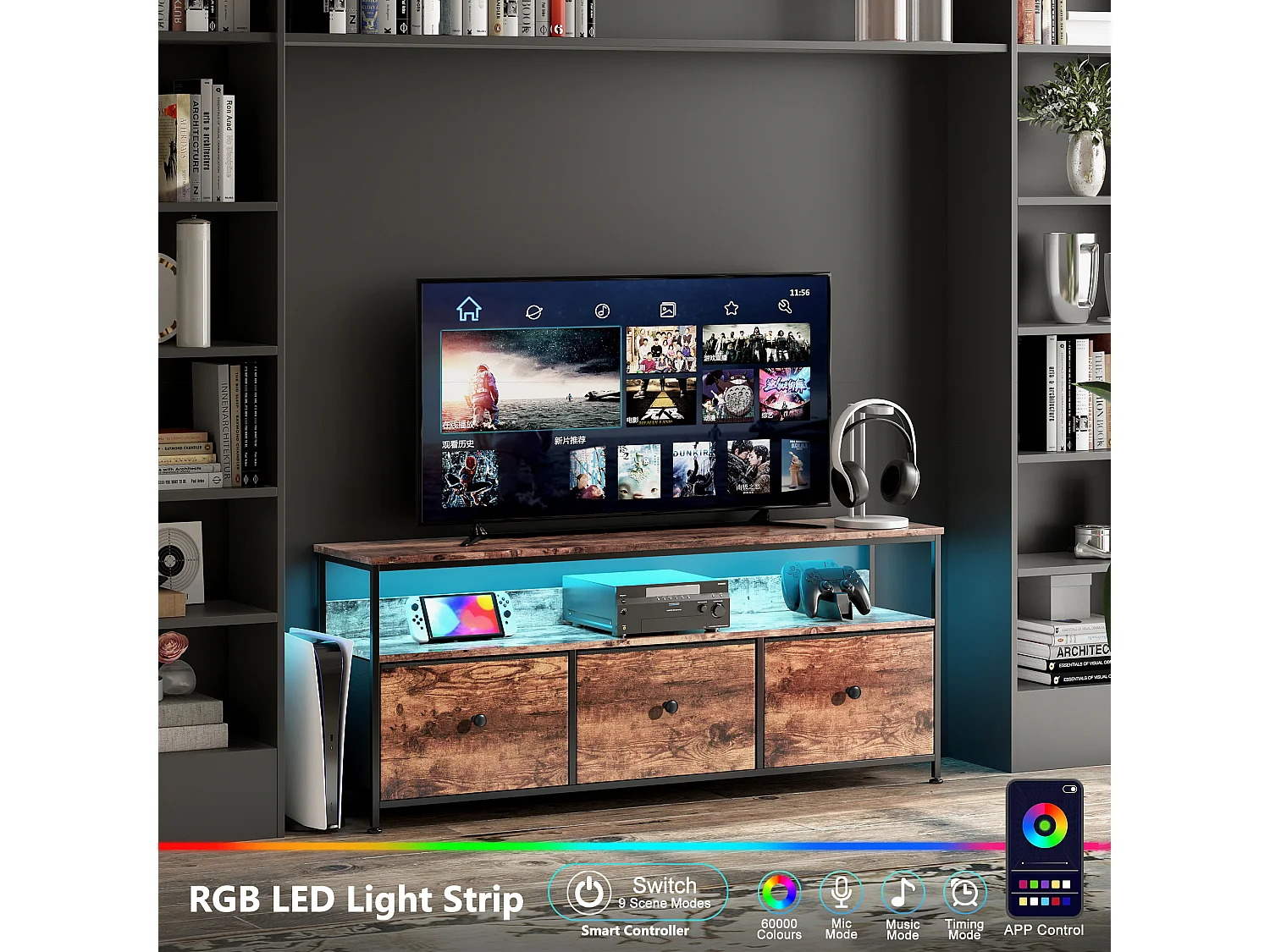 Meuble TV - LED avec 3 Tiroirs - Petit Meuble Tele avec Rangement - Commode en Tissu - pour Le Salon Chambre à Coucher Entrée - Marron Rustique