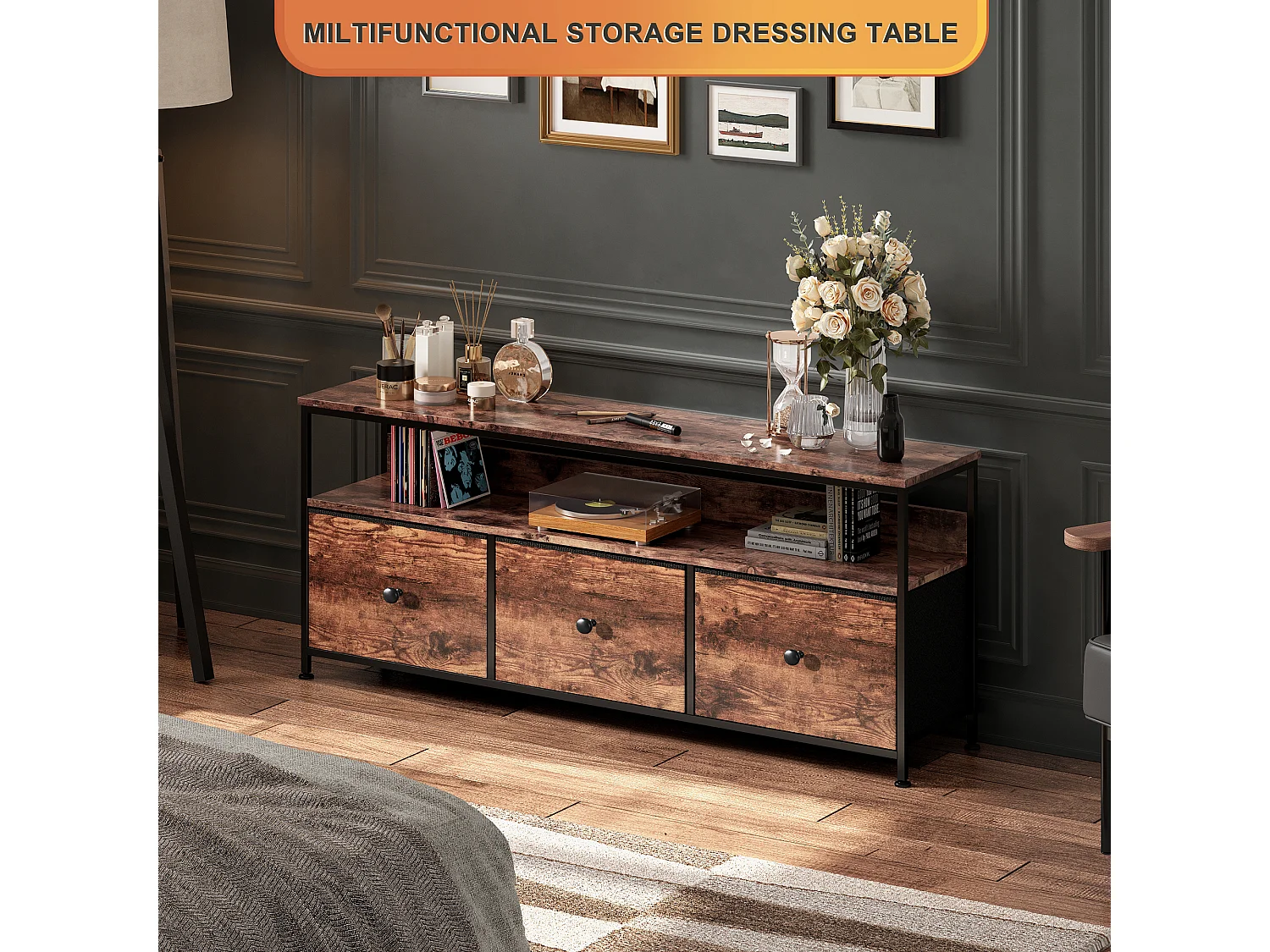 Meuble TV - LED avec 3 Tiroirs - Petit Meuble Tele avec Rangement - Commode en Tissu - pour Le Salon Chambre à Coucher Entrée - Marron Rustique