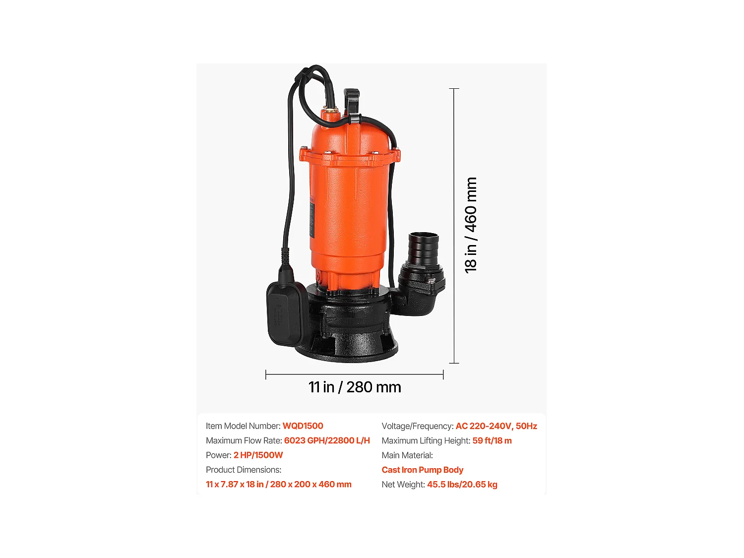 Dompelpomp voor Afvalwater SucceBuy 1500 W Dompelpomp Gietijzer 22800 L/u met Automatische Zwevenschakelaar, Opvoerhoogte 18 m, voor Zwembaden