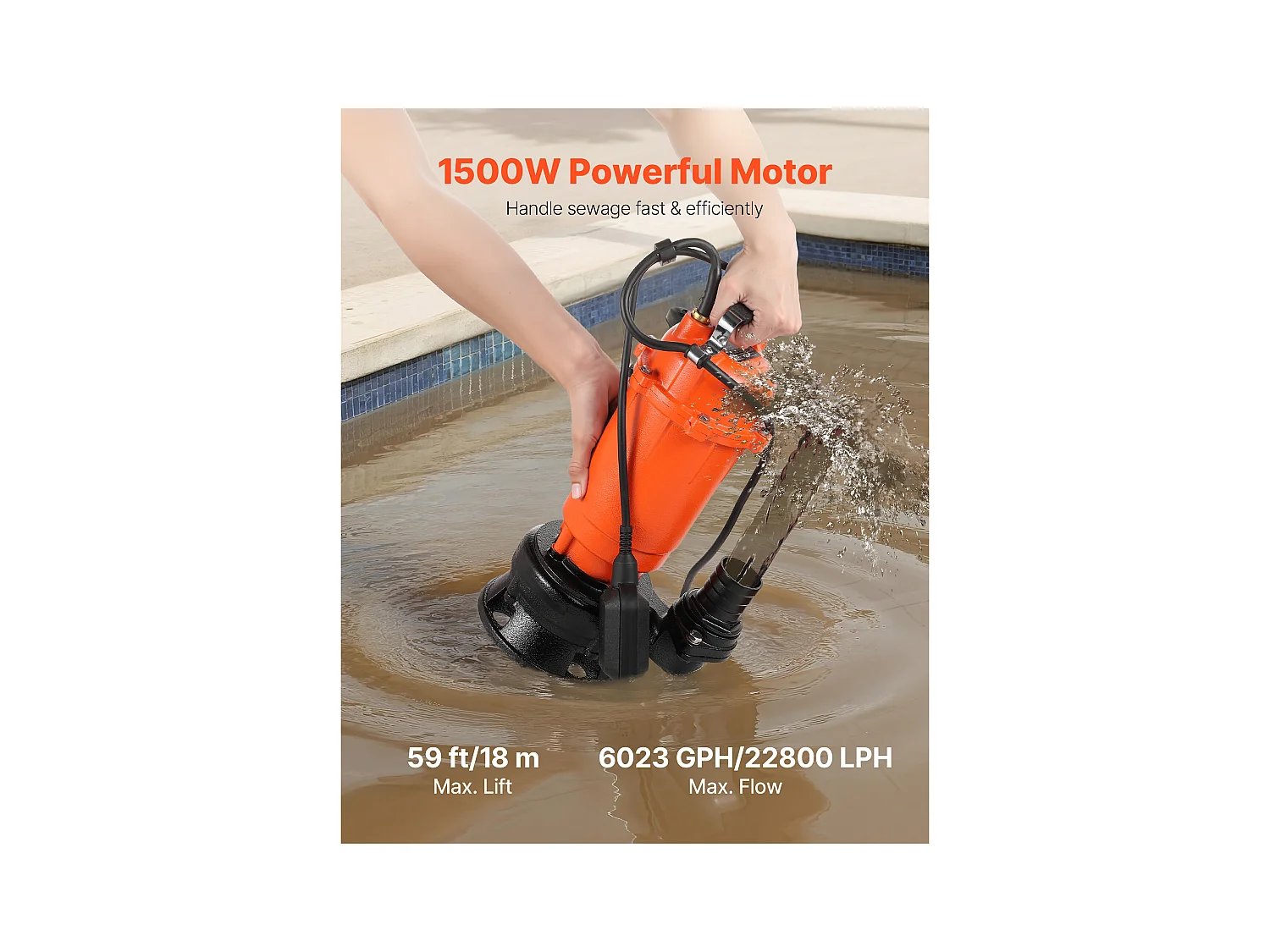 Dompelpomp voor Afvalwater SucceBuy 1500 W Dompelpomp Gietijzer 22800 L/u met Automatische Zwevenschakelaar, Opvoerhoogte 18 m, voor Zwembaden