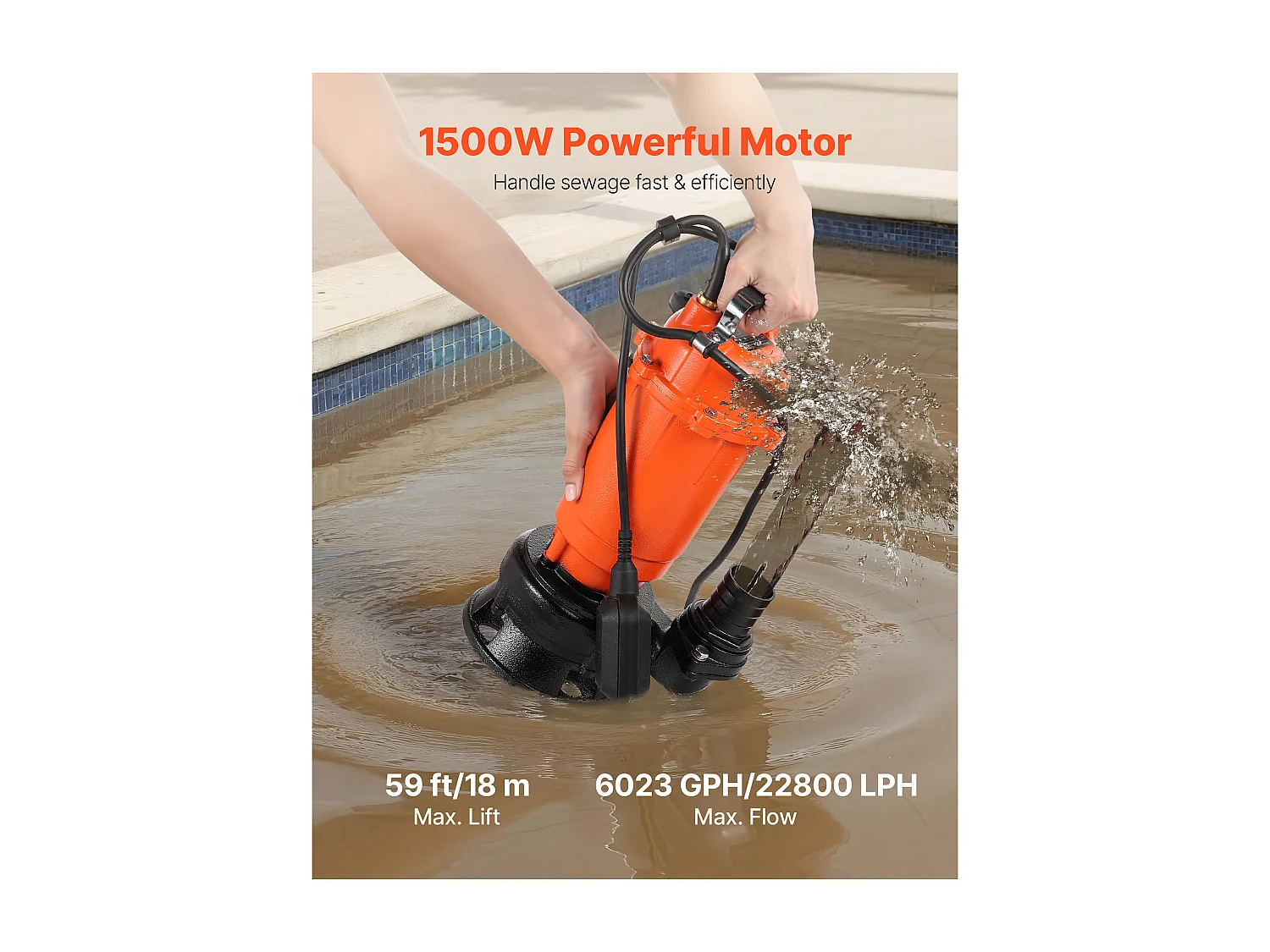 Pompe Submersible Eaux Usées SucceBuy 1500 W Pompe Puisard Fonte 22800 L/h avec Interrupteur à Flotteur Automatique, Hauteur Refoulement 18 m, pour Piscines