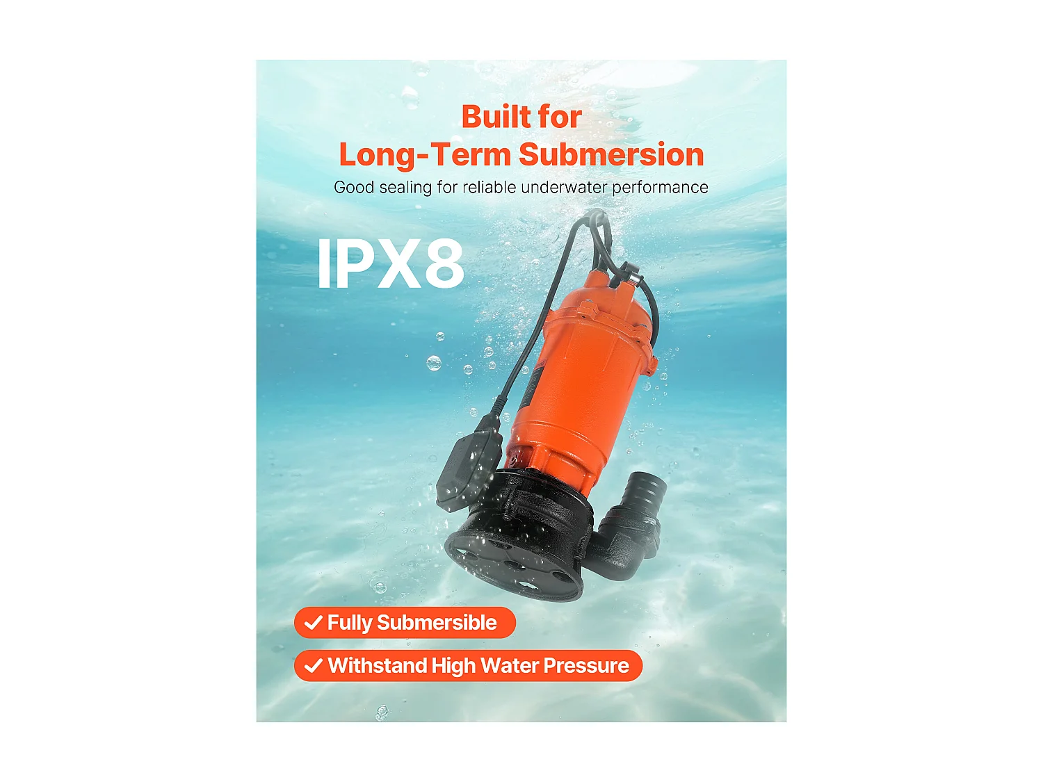 Pompe Submersible Eaux Usées SucceBuy 1500 W Pompe Puisard Fonte 22800 L/h avec Interrupteur à Flotteur Automatique, Hauteur Refoulement 18 m, pour Piscines