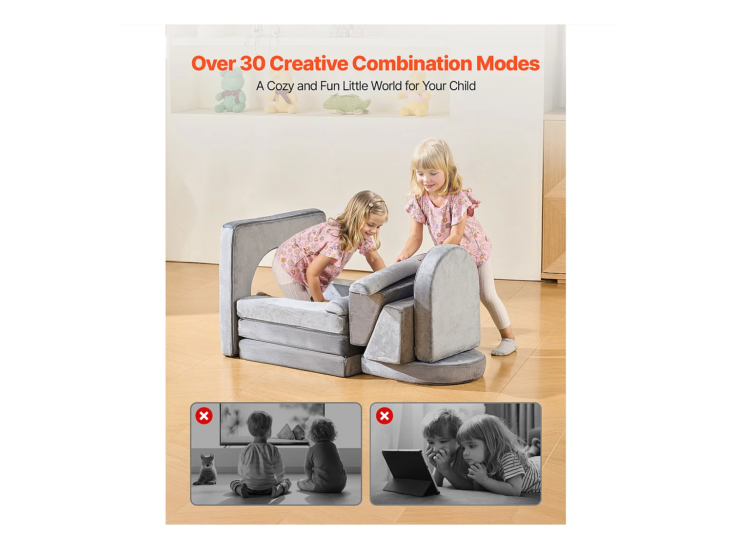 Sofá de Brinquedo Modular SucceBuy para Crianças Componente 10PCs, Sofá Seccional Convertível, com Apoios de Braço, em Esponja 28D e Pelo Curto, Cinza